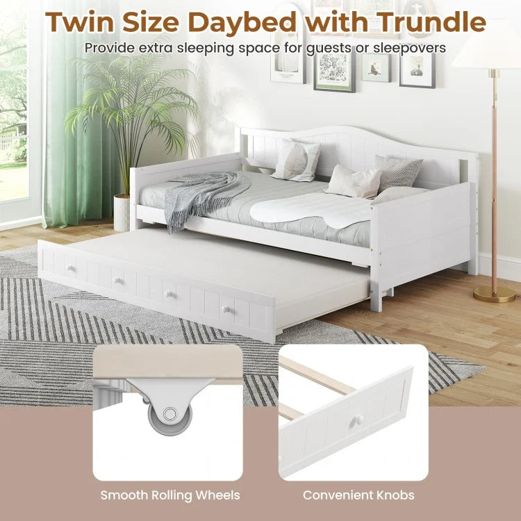 Twin Size Daybed with Trundle, Slat Support & Rolling Wheels - White