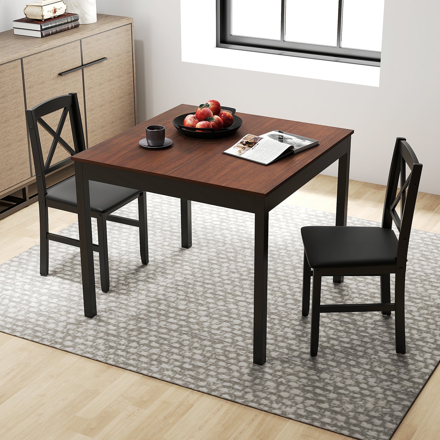 3-Piece Wooden Dining Set Square Table with 2 Chairs - Brown