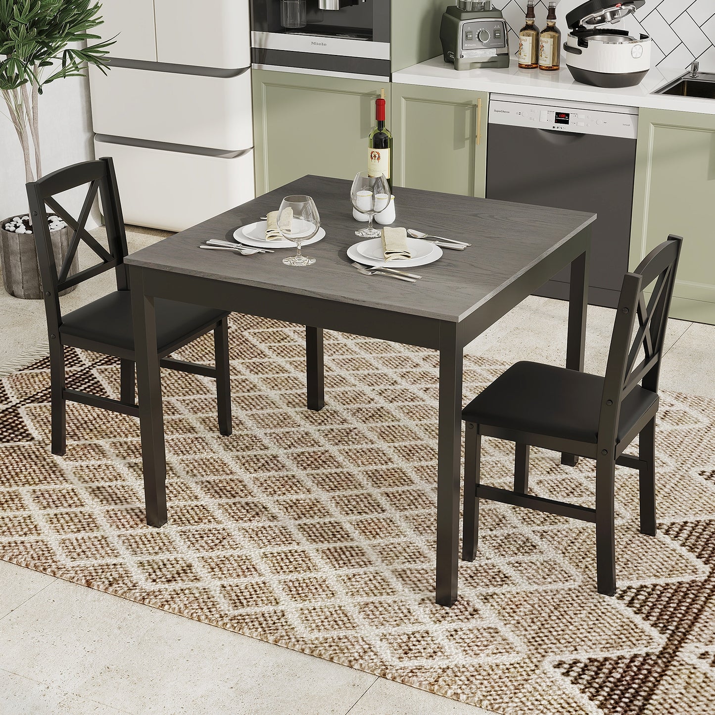 3-Piece Wooden Dining Set Square Table with 2 Chairs - Grey