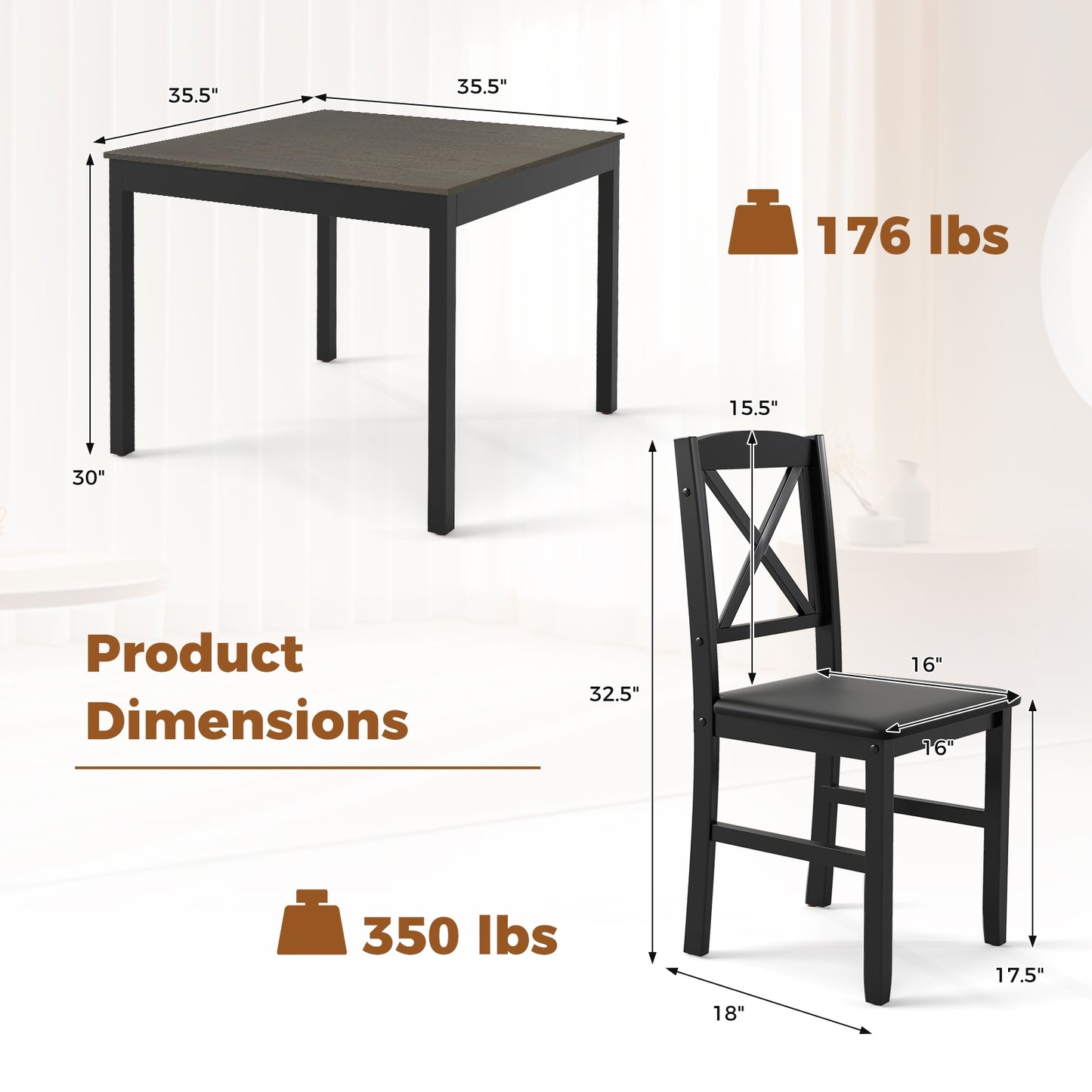 3-Piece Wooden Dining Set Square Table with 2 Chairs - Grey