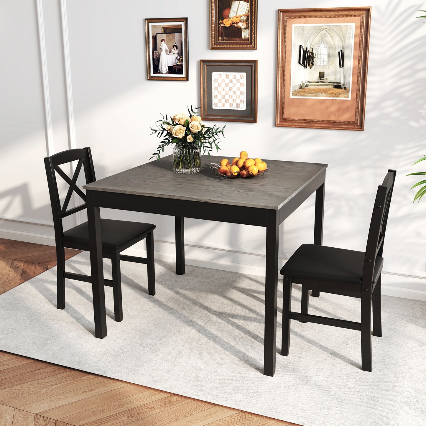 3-Piece Wooden Dining Set Square Table with 2 Chairs - Grey