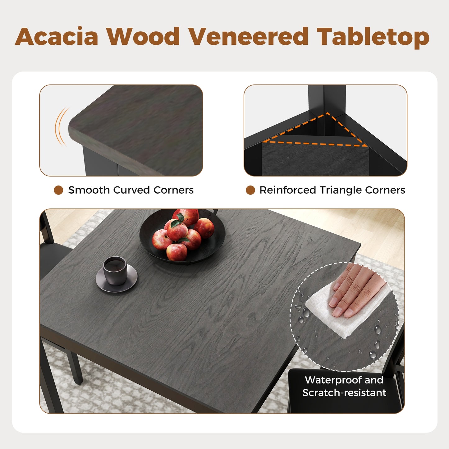 3-Piece Wooden Dining Set Square Table with 2 Chairs - Grey