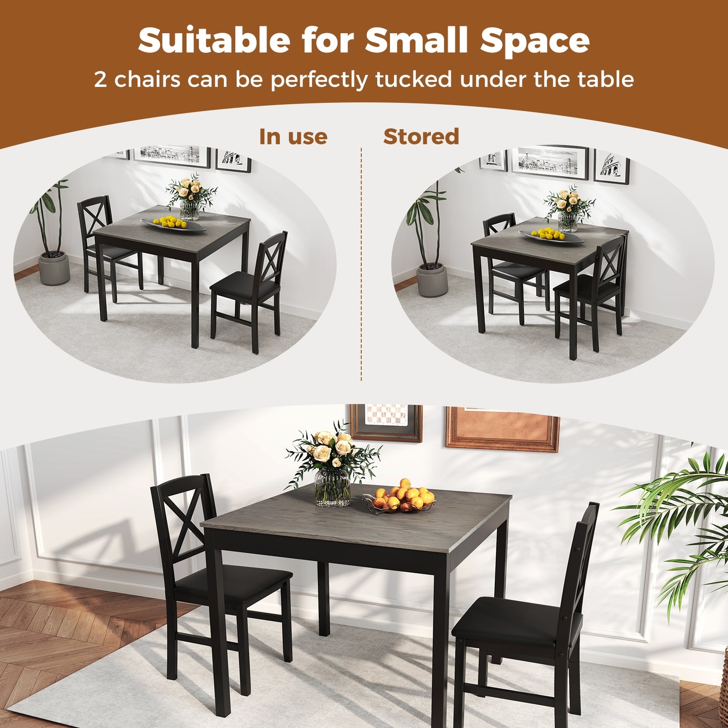 3-Piece Wooden Dining Set Square Table with 2 Chairs - Grey