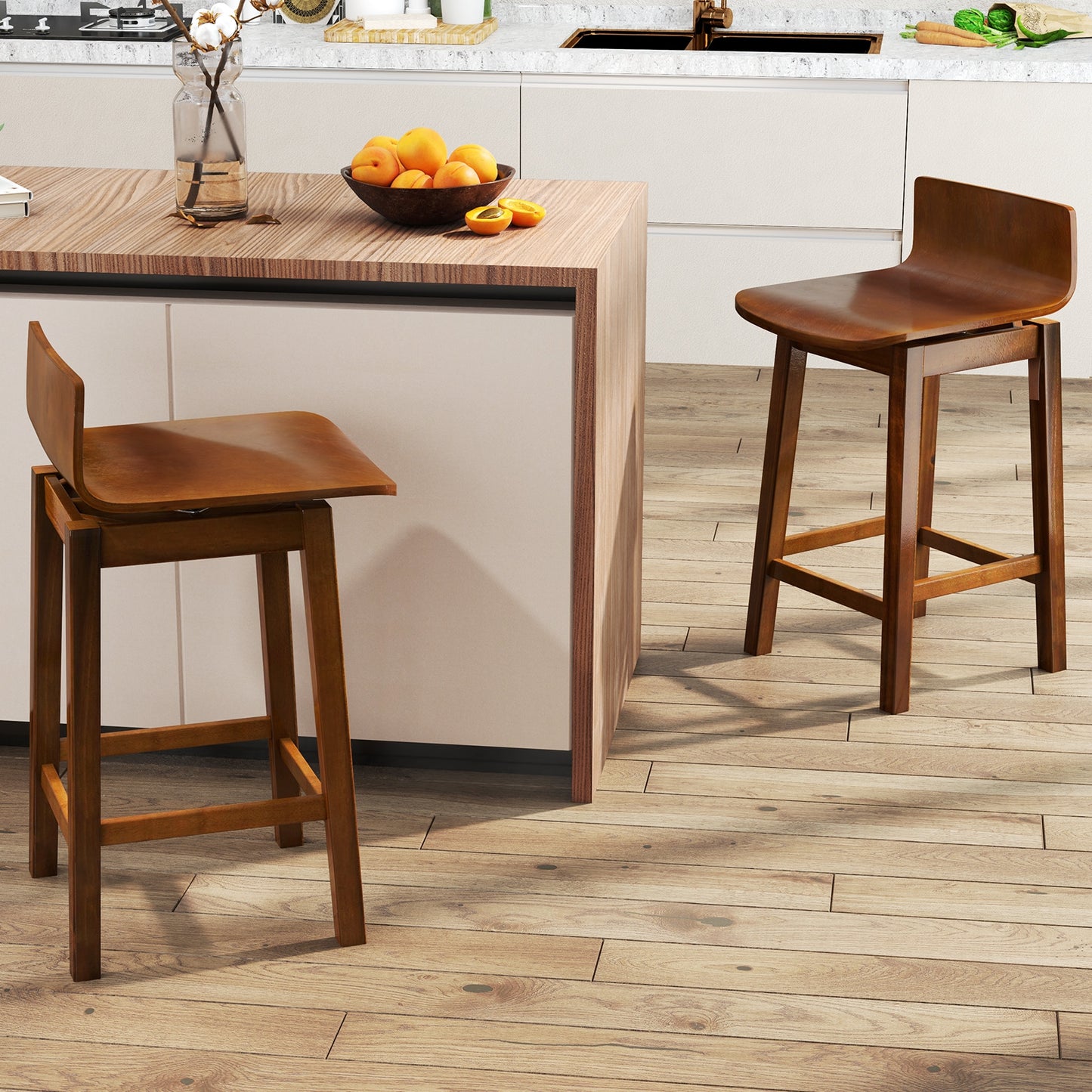 24.5 Inch Wooden Swivel Bar Stools with Low Back and Rubber Wood Legs Set of 2