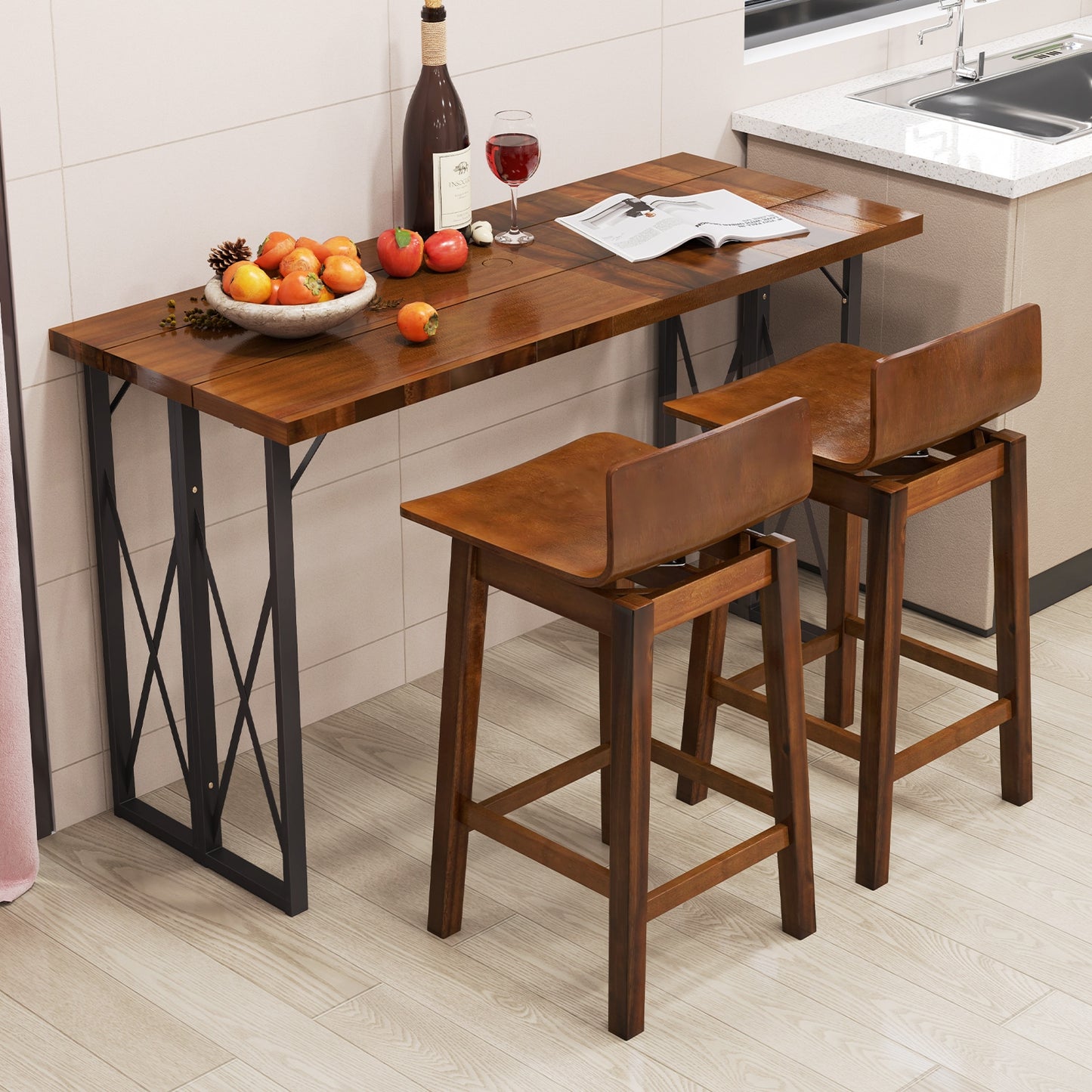 24.5 Inch Wooden Swivel Bar Stools with Low Back and Rubber Wood Legs Set of 2