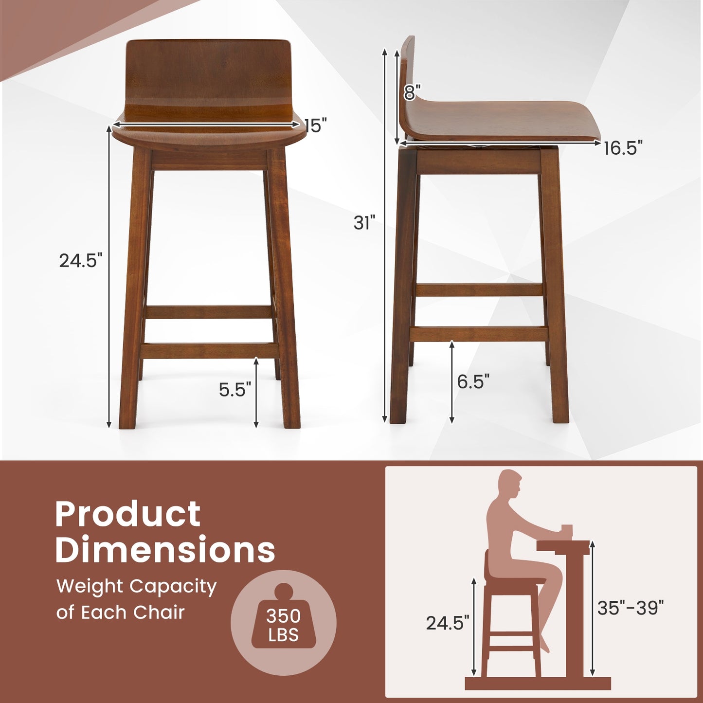 24.5 Inch Wooden Swivel Bar Stools with Low Back and Rubber Wood Legs Set of 2