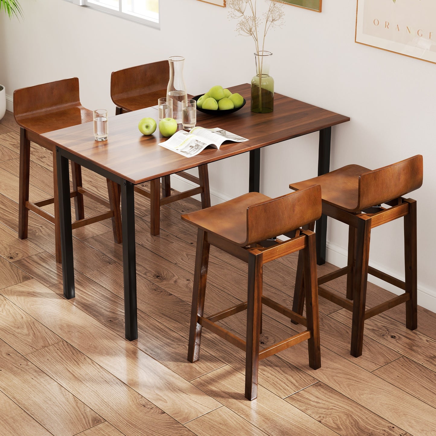 24.5 Inch Wooden Swivel Bar Stools with Low Back and Rubber Wood Legs Set of 2