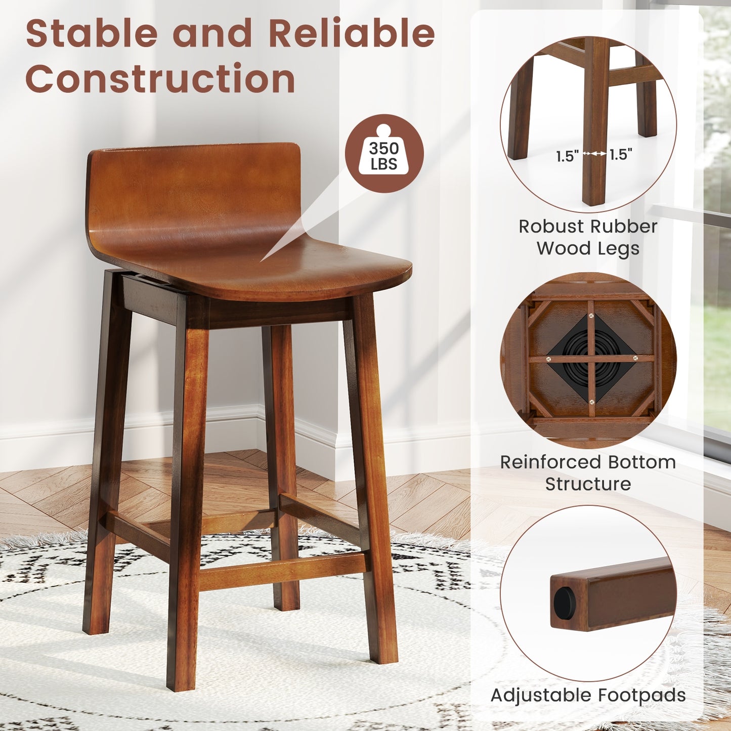 24.5 Inch Wooden Swivel Bar Stools with Low Back and Rubber Wood Legs Set of 2