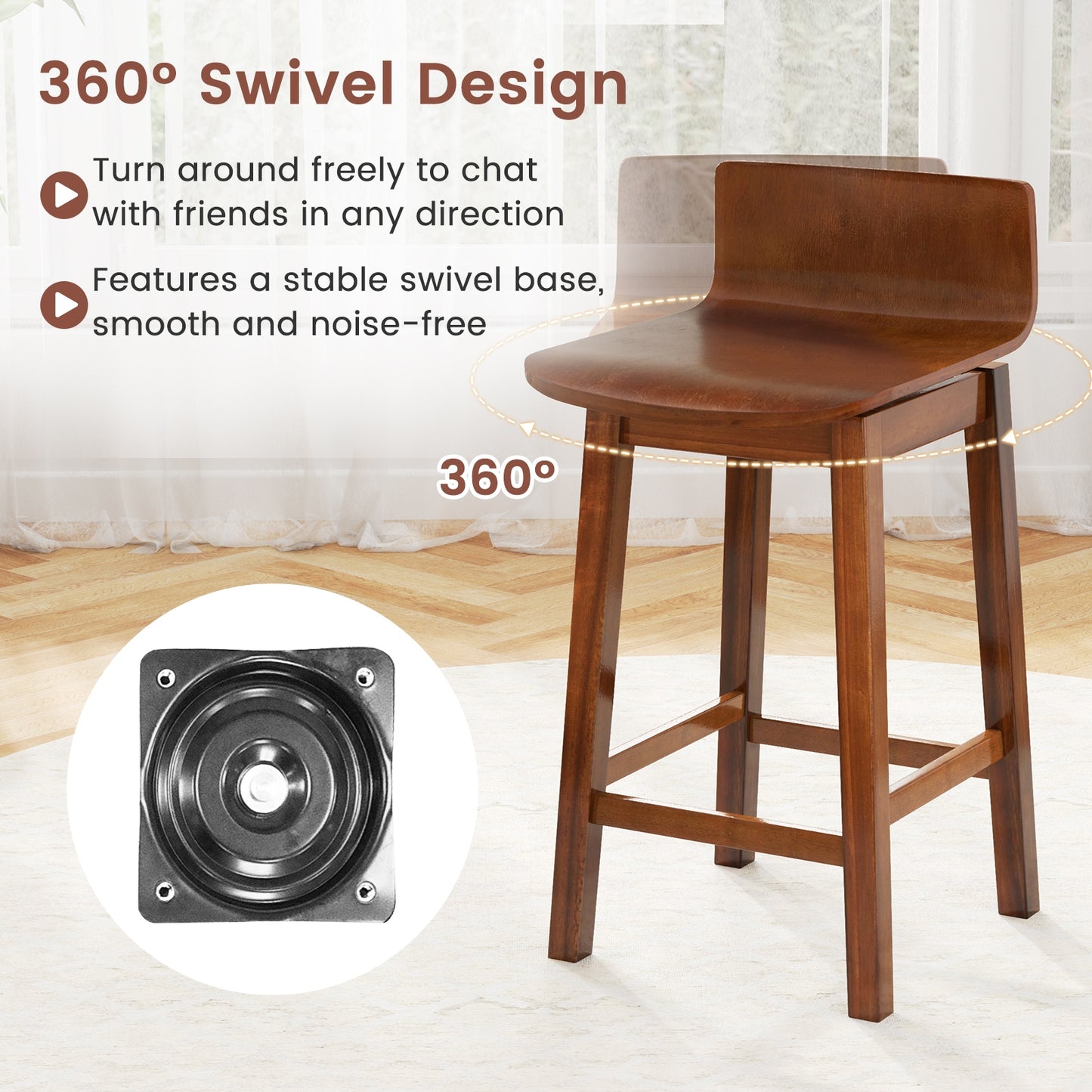 24.5 Inch Wooden Swivel Bar Stools with Low Back and Rubber Wood Legs Set of 2
