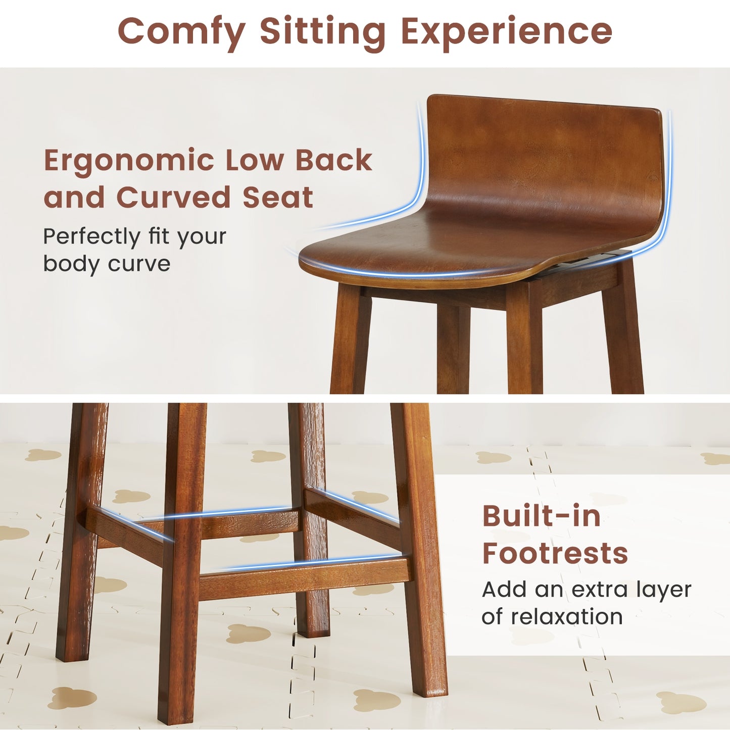 24.5 Inch Wooden Swivel Bar Stools with Low Back and Rubber Wood Legs Set of 2