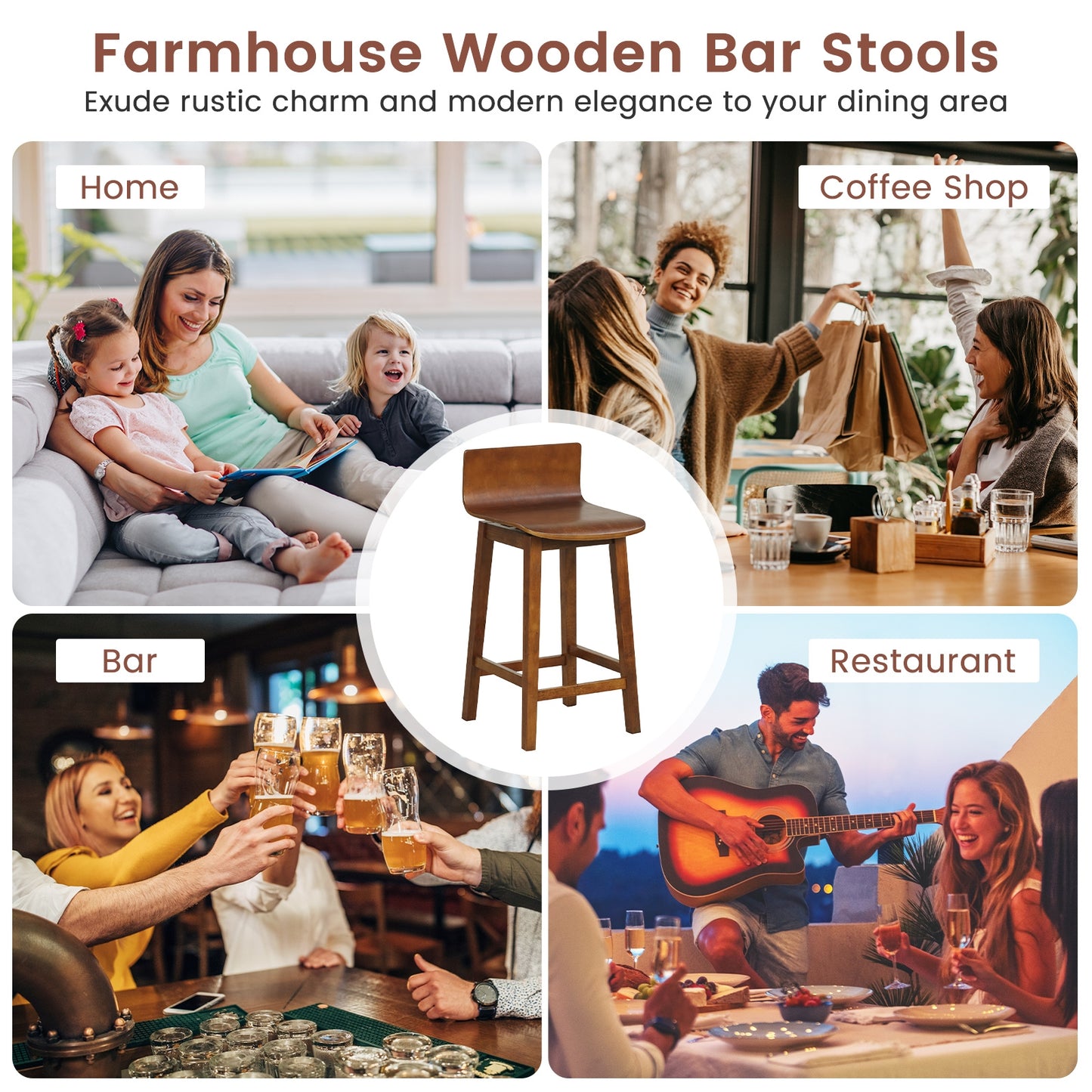 24.5 Inch Wooden Swivel Bar Stools with Low Back and Rubber Wood Legs Set of 2