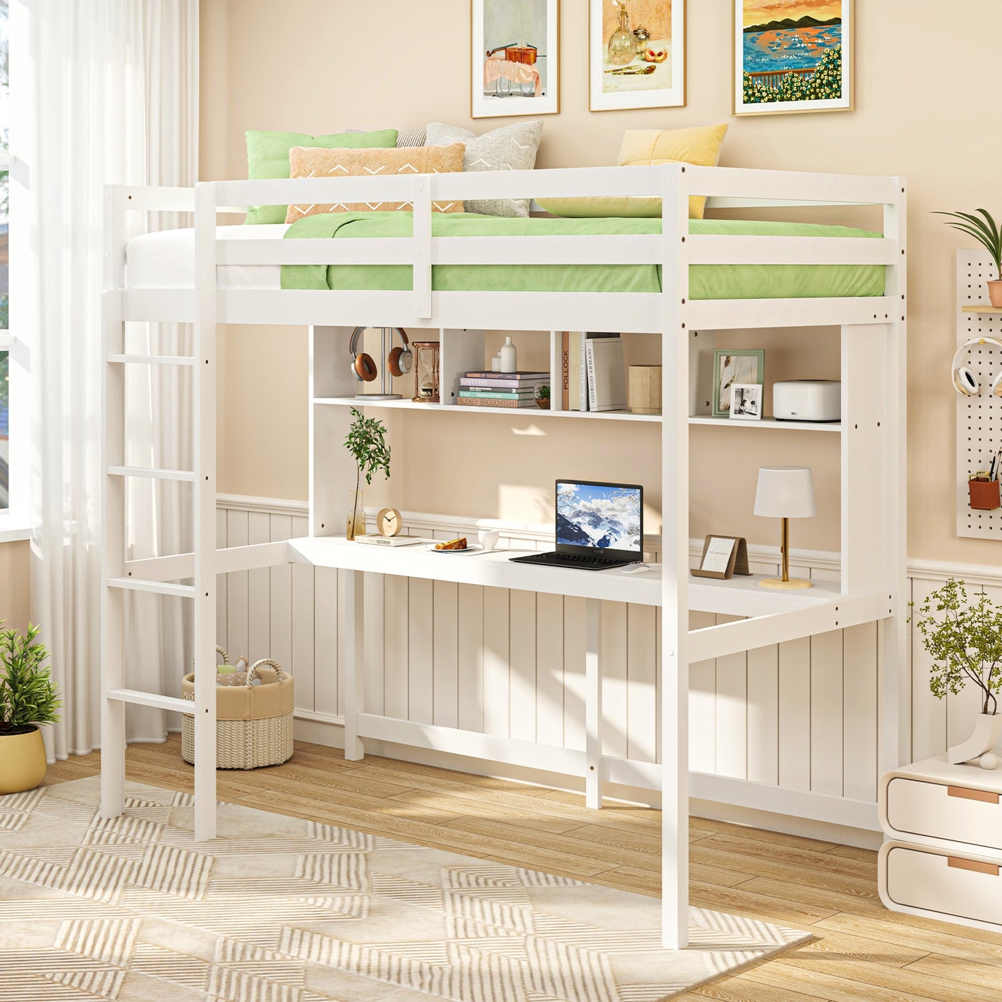 White Twin Loft Bed with Built-in Desk, Storage Shelves, and Guardrails – No Box Spring Needed