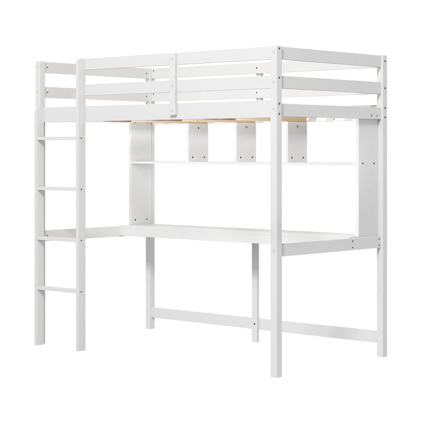 White Twin Loft Bed with Built-in Desk, Storage Shelves, and Guardrails – No Box Spring Needed