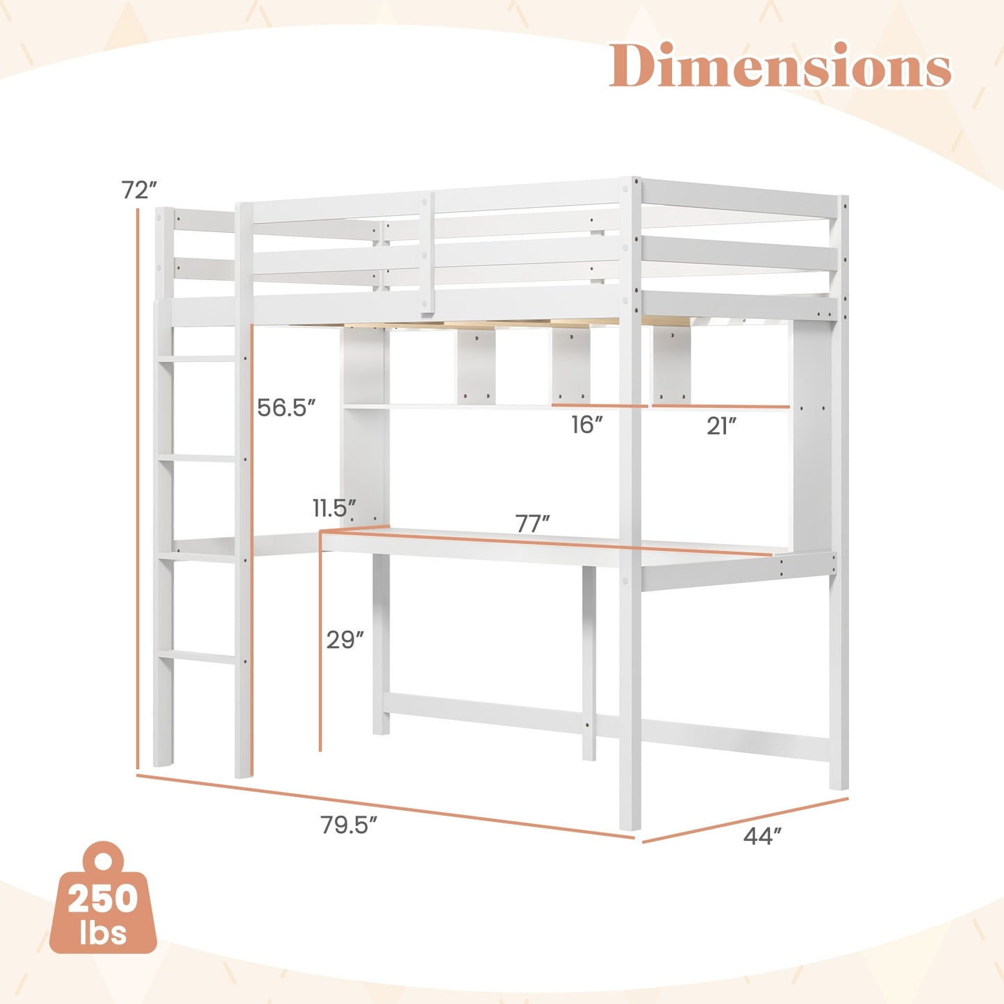 White Twin Loft Bed with Built-in Desk, Storage Shelves, and Guardrails – No Box Spring Needed