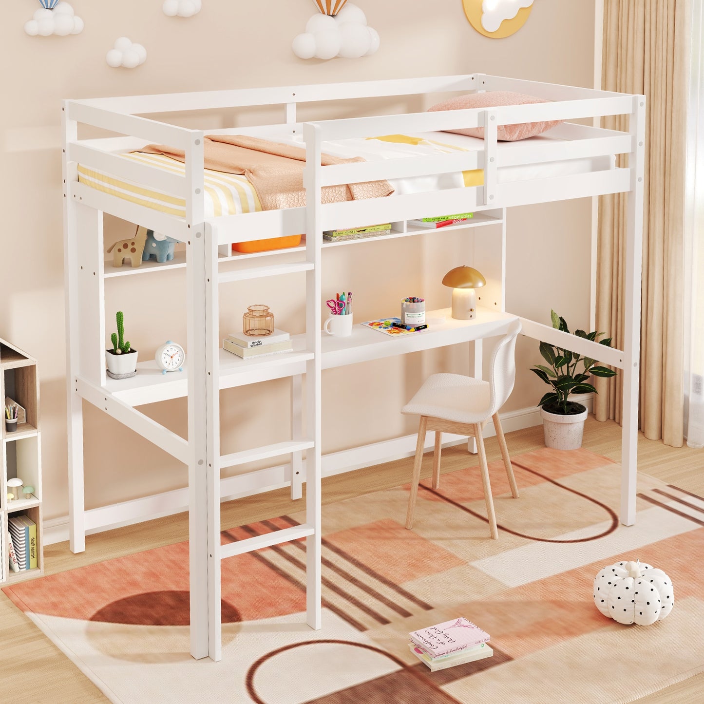 White Twin Loft Bed with Built-in Desk, Storage Shelves, and Guardrails – No Box Spring Needed