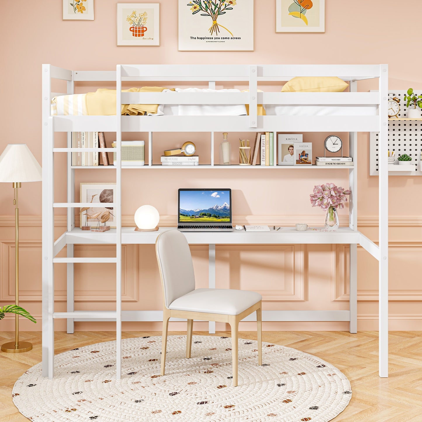 White Twin Loft Bed with Built-in Desk, Storage Shelves, and Guardrails – No Box Spring Needed