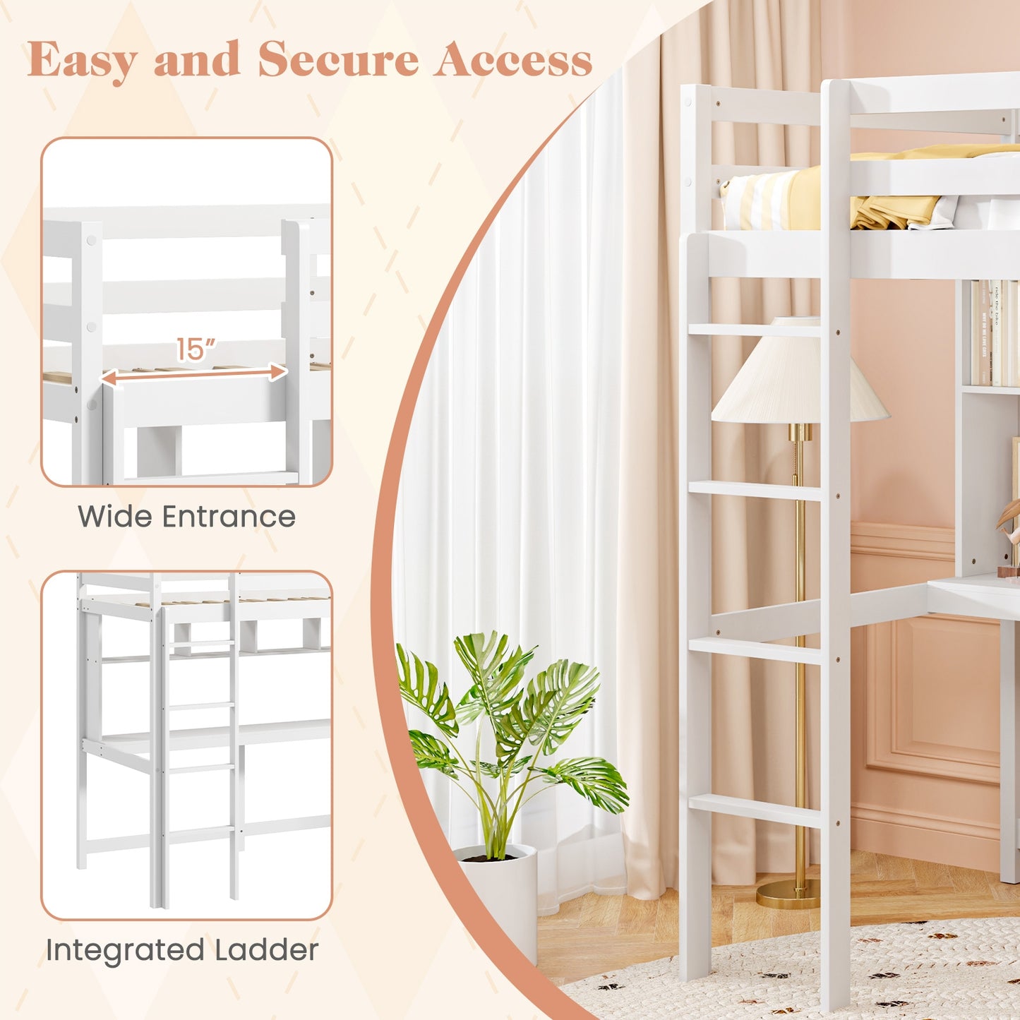 White Twin Loft Bed with Built-in Desk, Storage Shelves, and Guardrails – No Box Spring Needed
