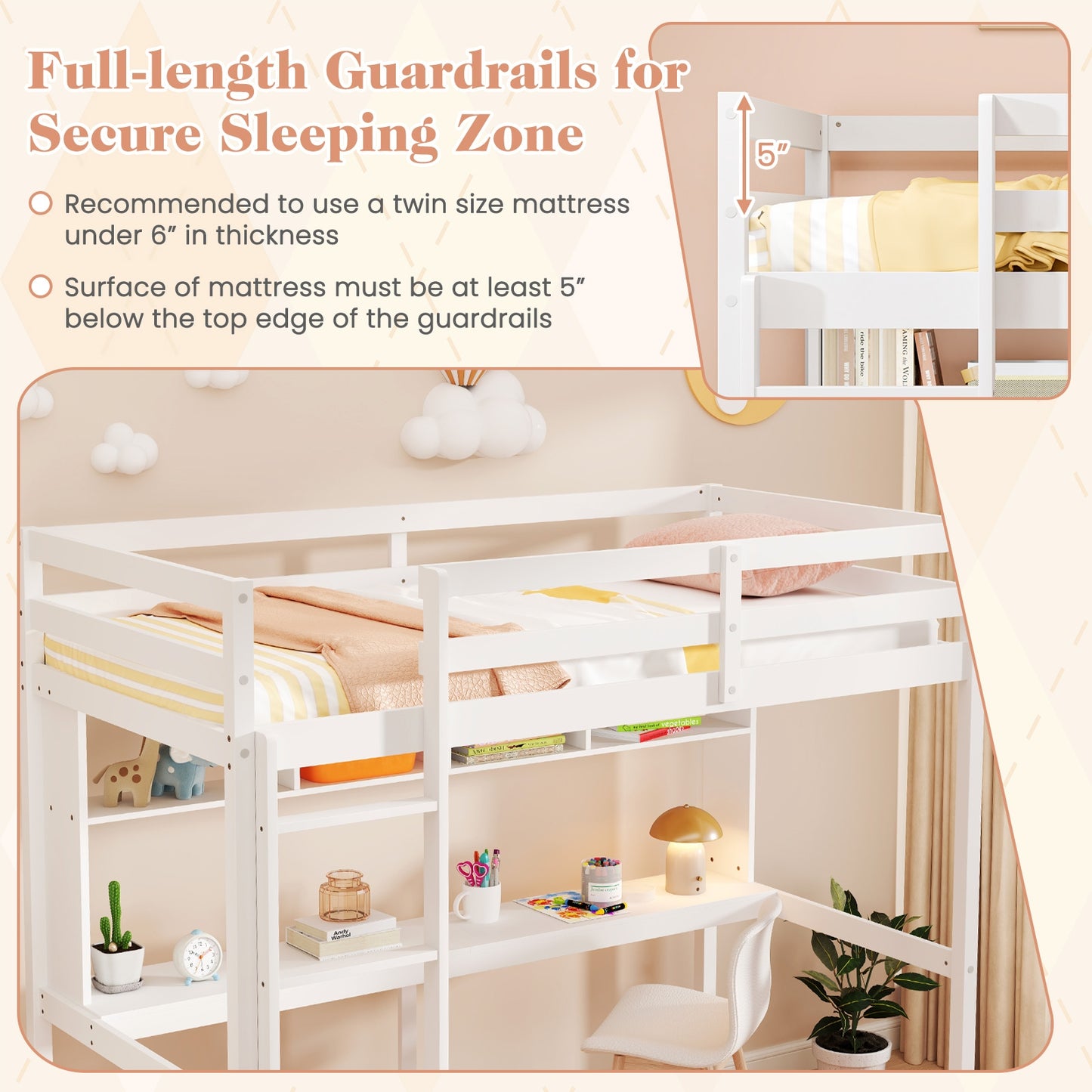 White Twin Loft Bed with Built-in Desk, Storage Shelves, and Guardrails – No Box Spring Needed
