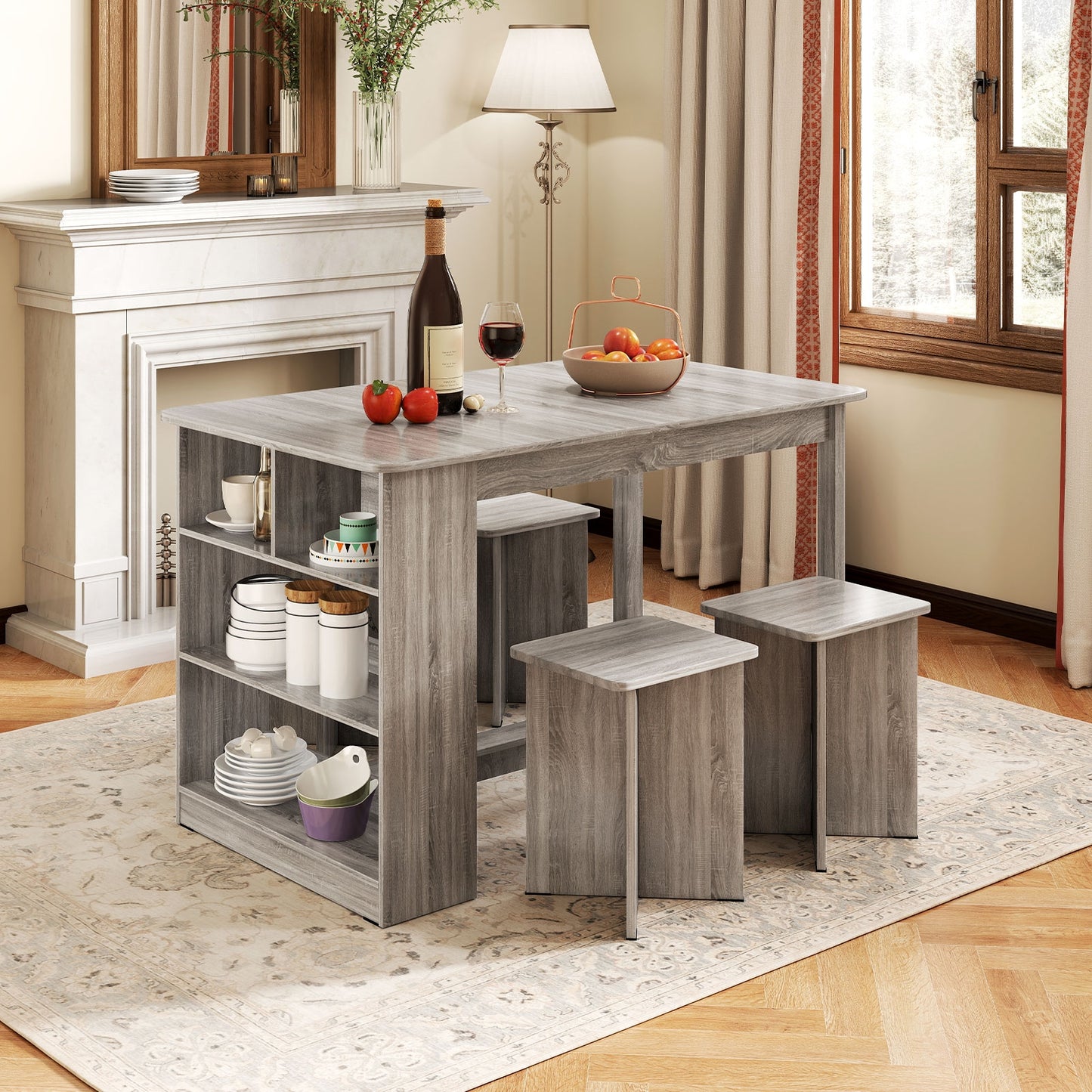 5 Piece Modern Dining Table Set with Storage Shelves and 4 Matching Stools in Grey