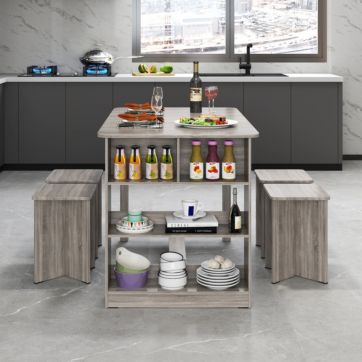 5 Piece Modern Dining Table Set with Storage Shelves and 4 Matching Stools in Grey