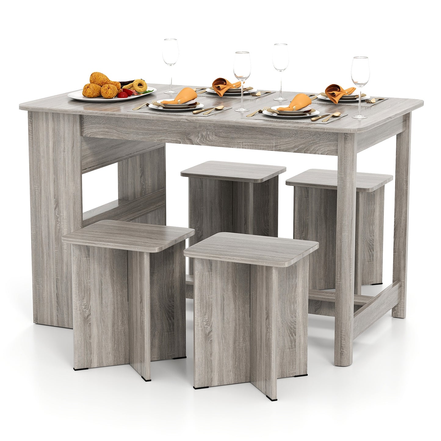 5 Piece Modern Dining Table Set with Storage Shelves and 4 Matching Stools in Grey
