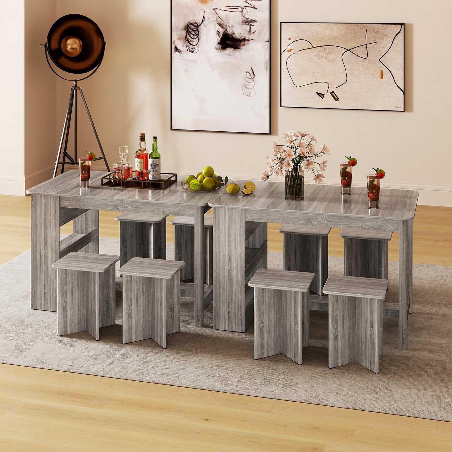 5 Piece Modern Dining Table Set with Storage Shelves and 4 Matching Stools in Grey