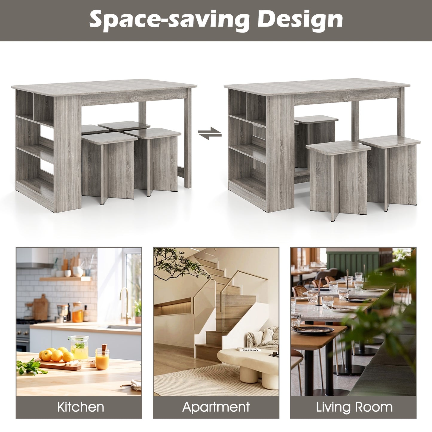 5 Piece Modern Dining Table Set with Storage Shelves and 4 Matching Stools in Grey