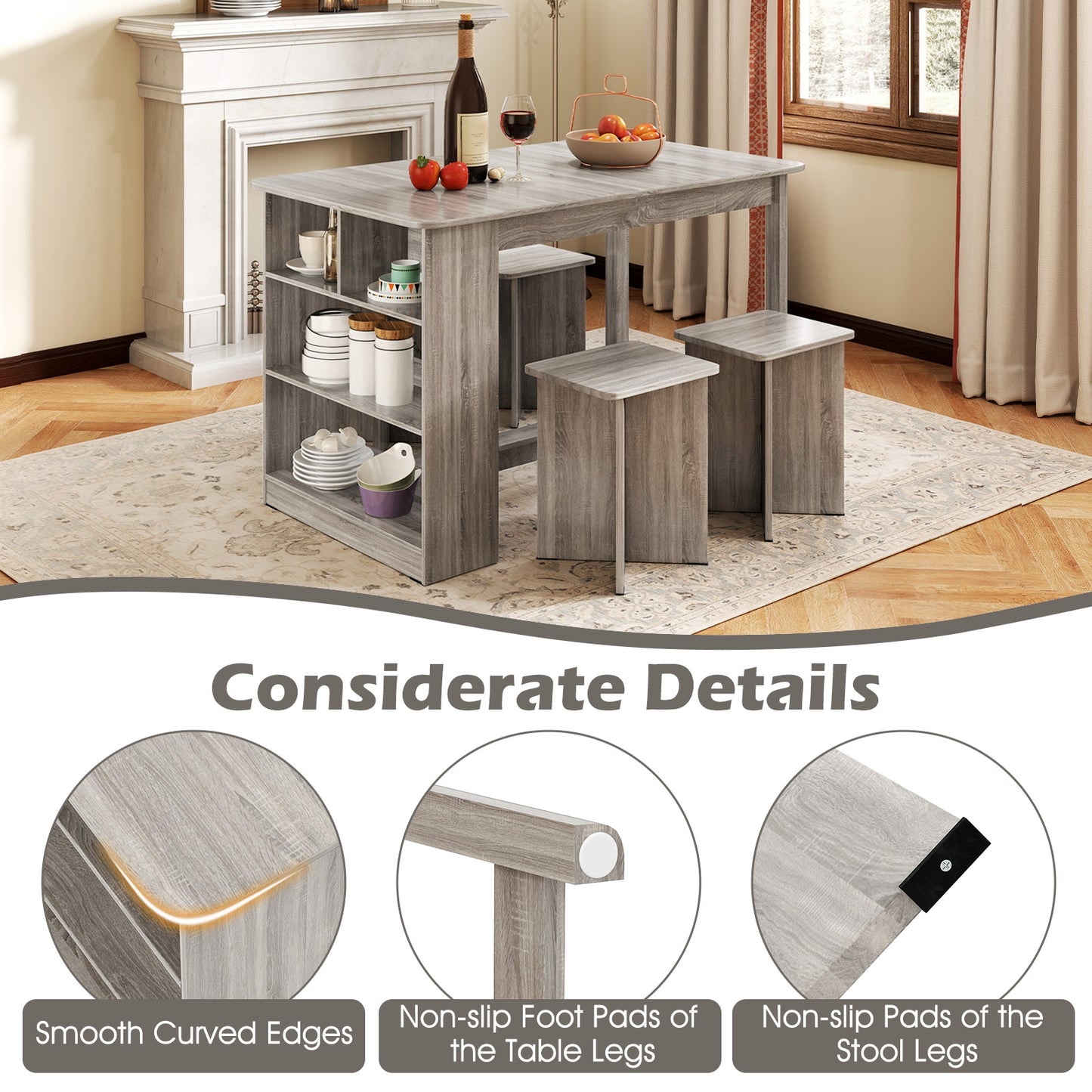 5 Piece Modern Dining Table Set with Storage Shelves and 4 Matching Stools in Grey
