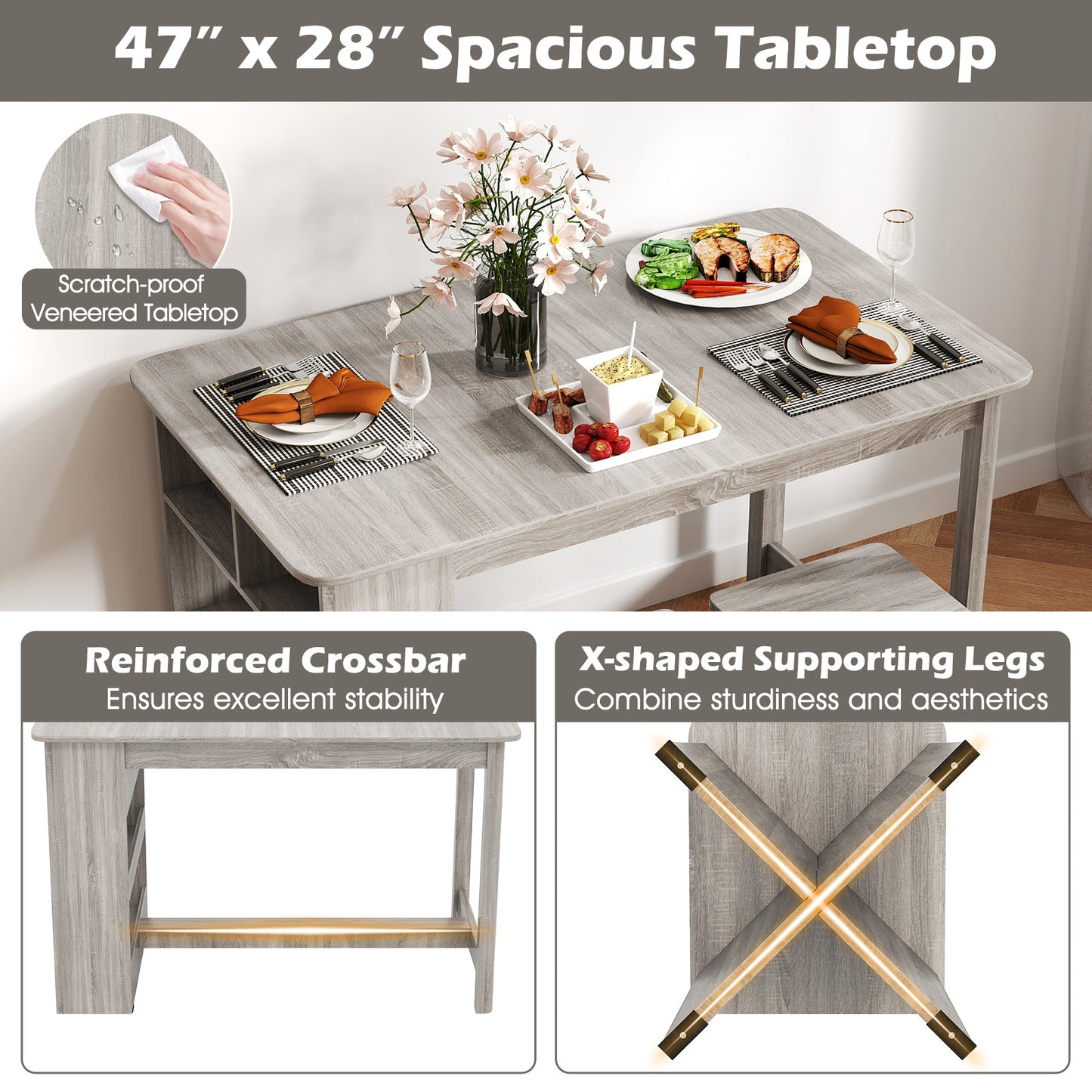 5 Piece Modern Dining Table Set with Storage Shelves and 4 Matching Stools in Grey