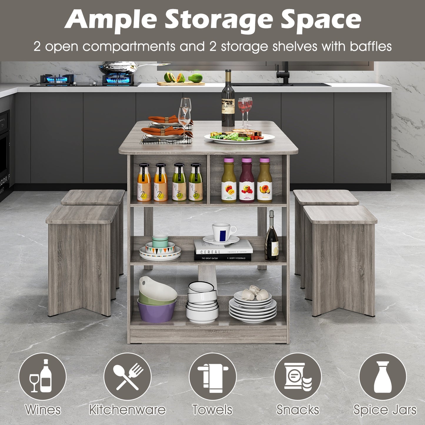 5 Piece Modern Dining Table Set with Storage Shelves and 4 Matching Stools in Grey