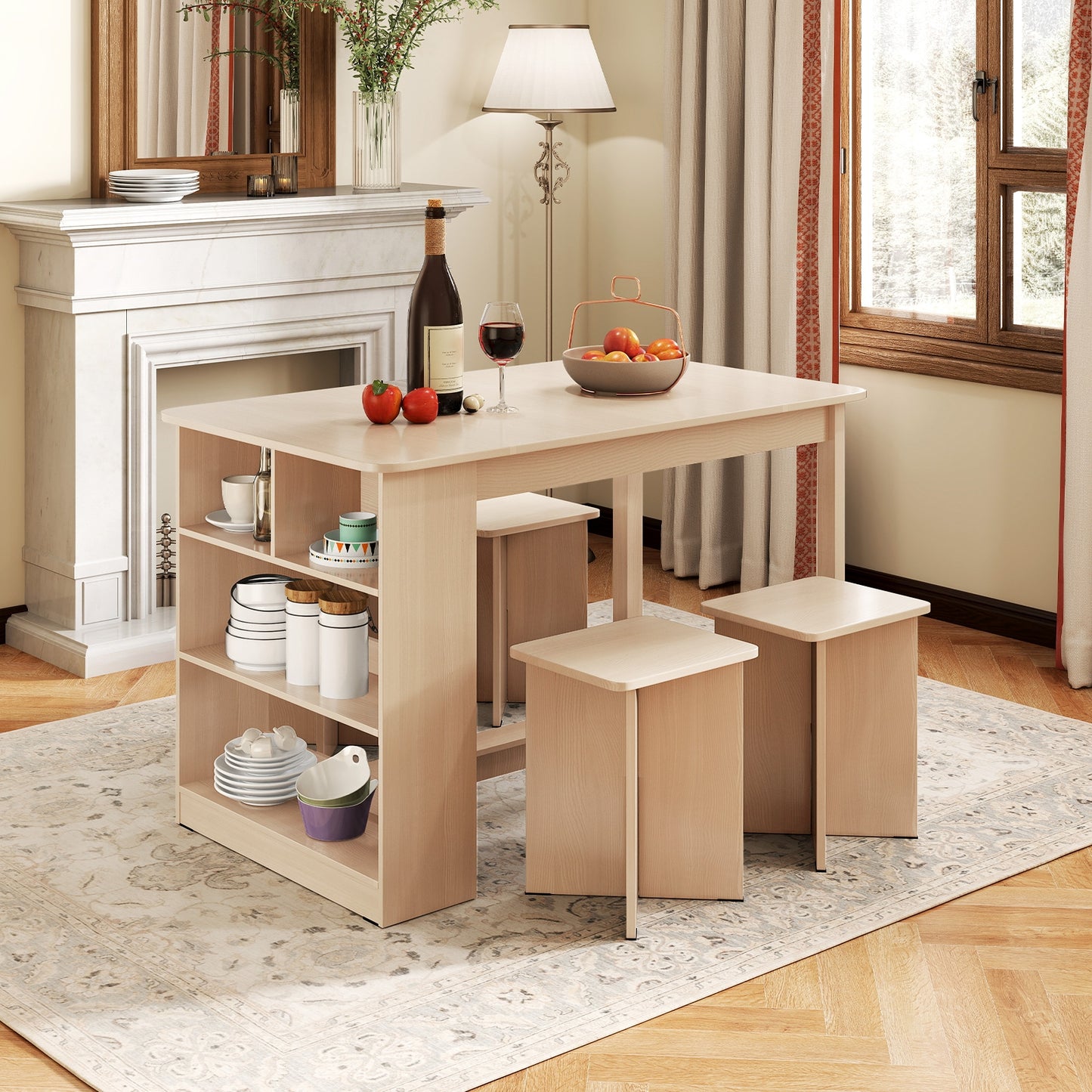 5 Piece Modern Dining Table Set with Storage Shelves and 4 Matching Stools in Natural