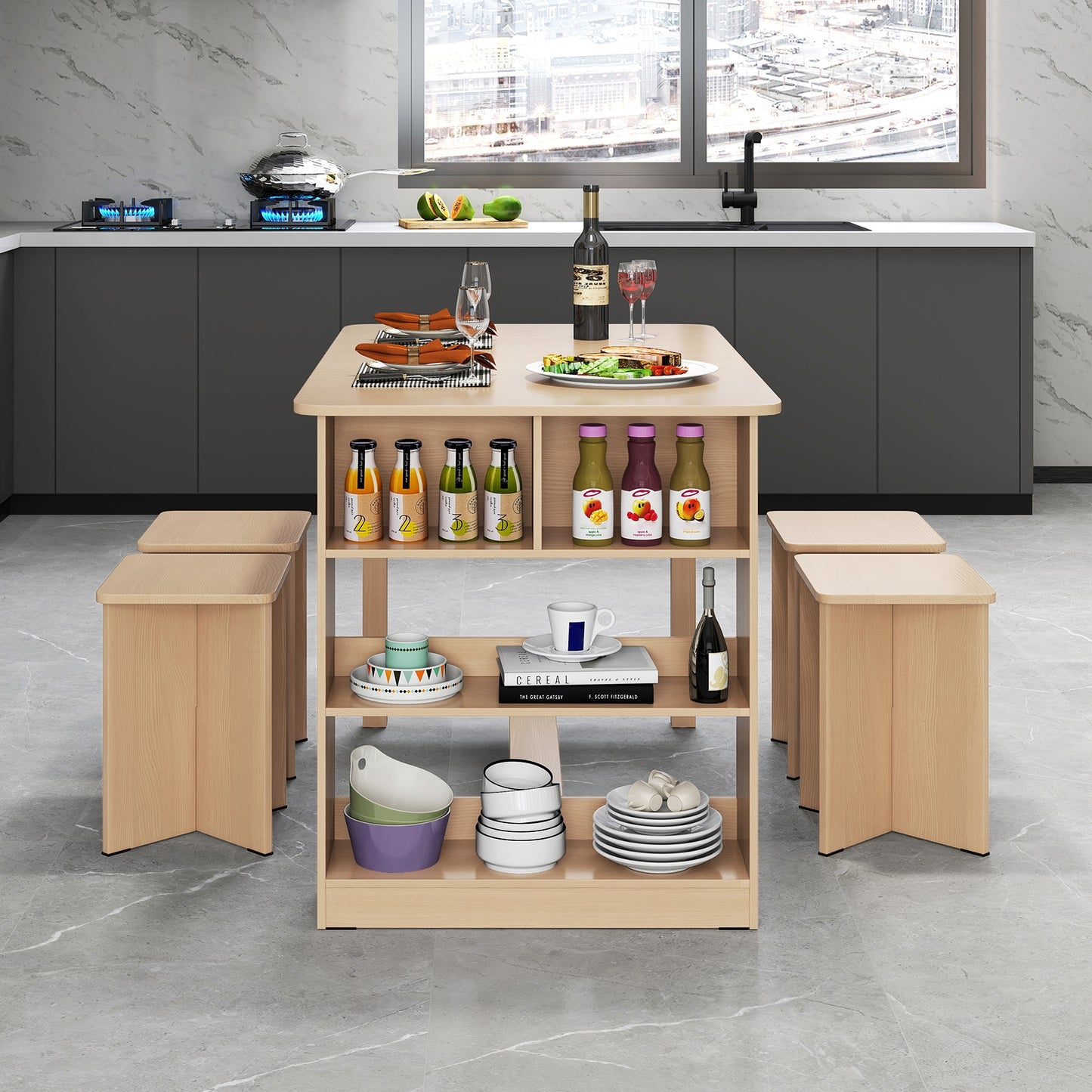 5 Piece Modern Dining Table Set with Storage Shelves and 4 Matching Stools in Natural