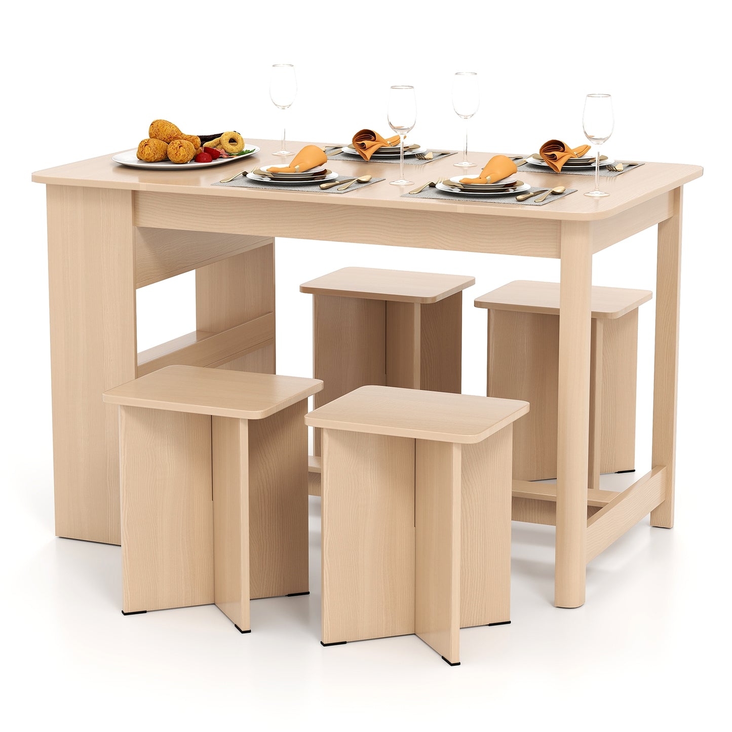 5 Piece Modern Dining Table Set with Storage Shelves and 4 Matching Stools in Natural