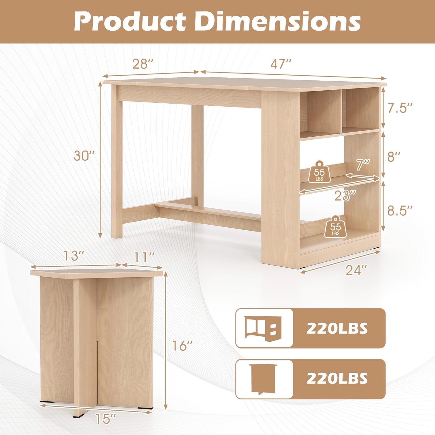 5 Piece Modern Dining Table Set with Storage Shelves and 4 Matching Stools in Natural