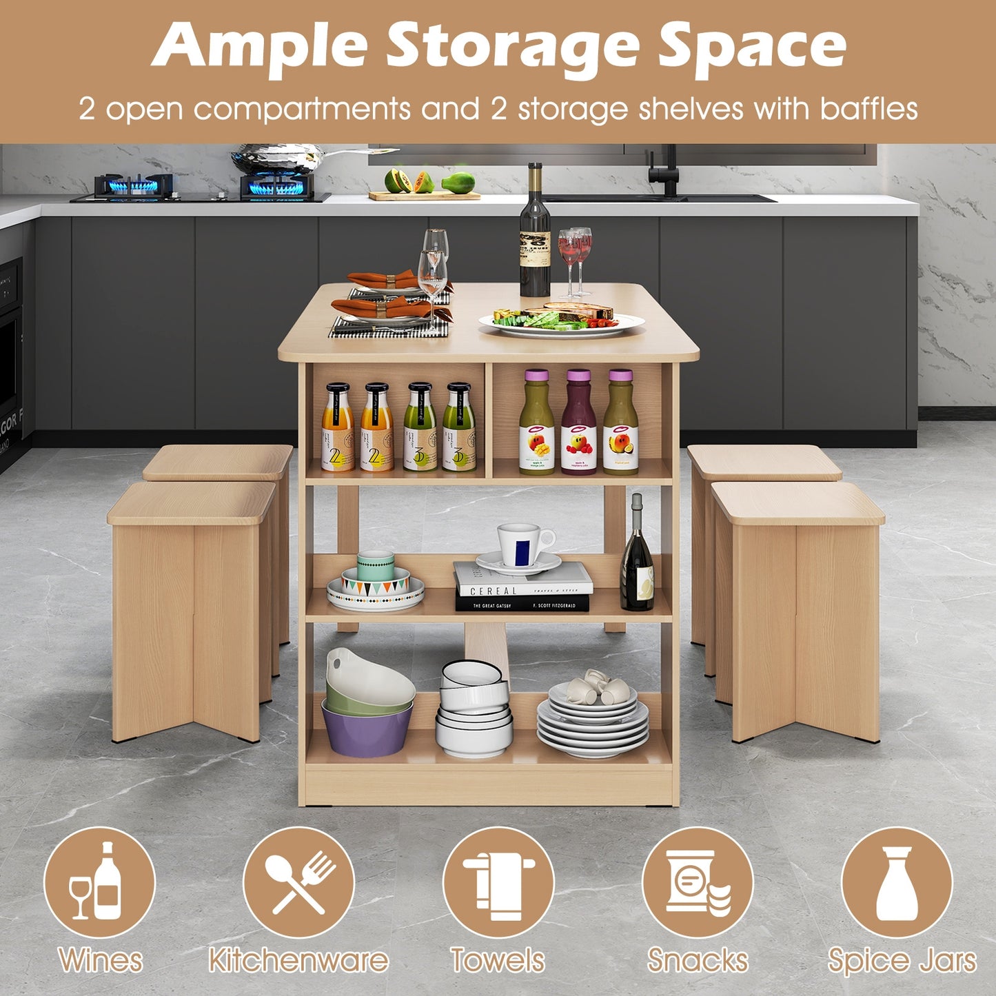 5 Piece Modern Dining Table Set with Storage Shelves and 4 Matching Stools in Natural
