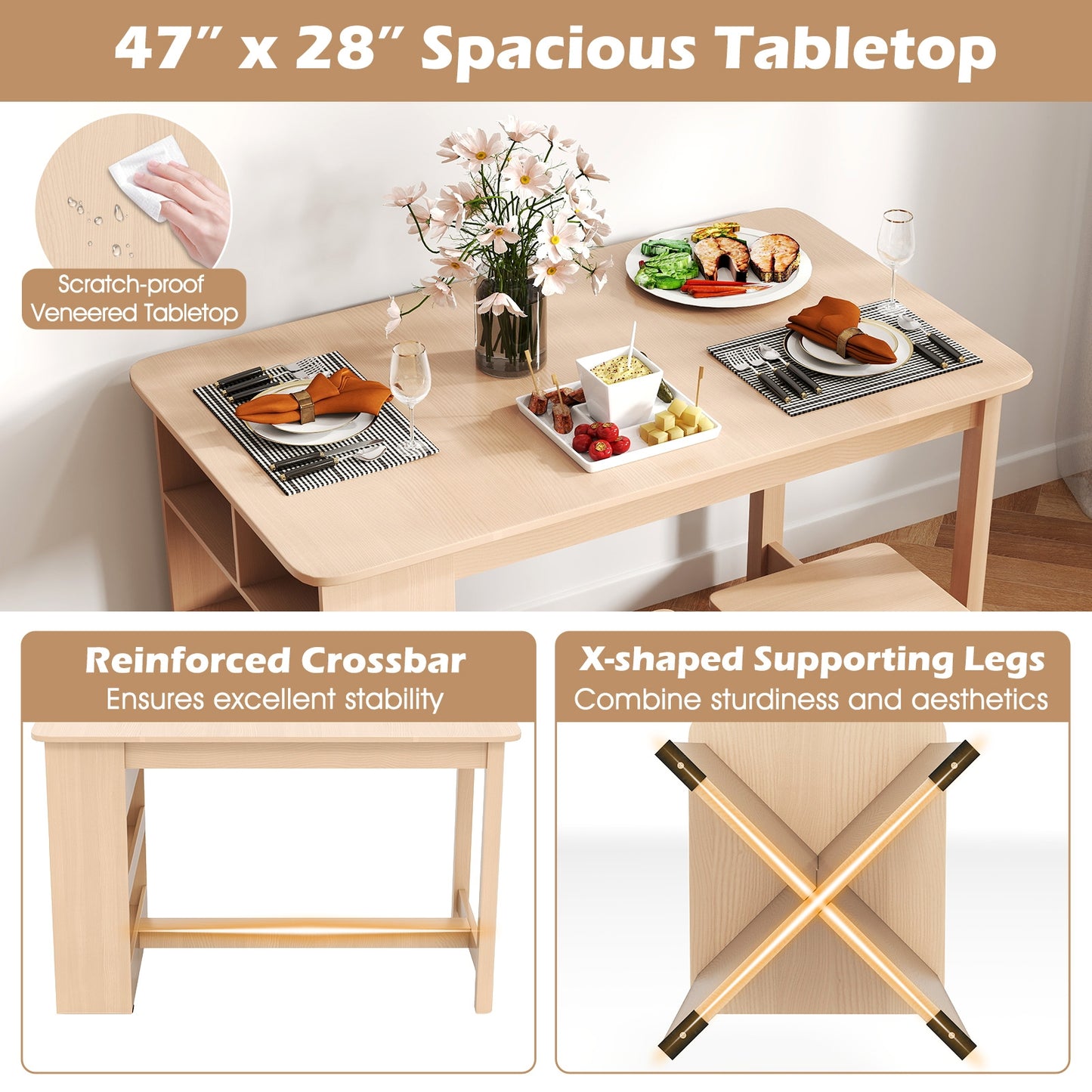 5 Piece Modern Dining Table Set with Storage Shelves and 4 Matching Stools in Natural