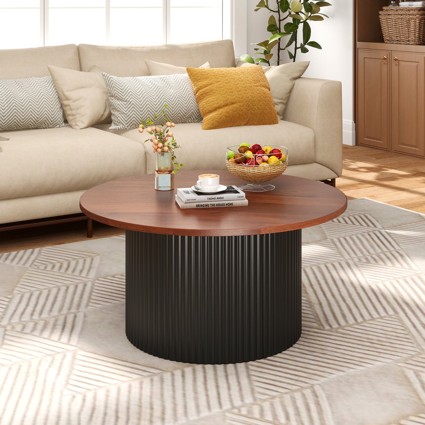 Round Solid Wood Coffee Table with Natural Wood Top and Sturdy Frame