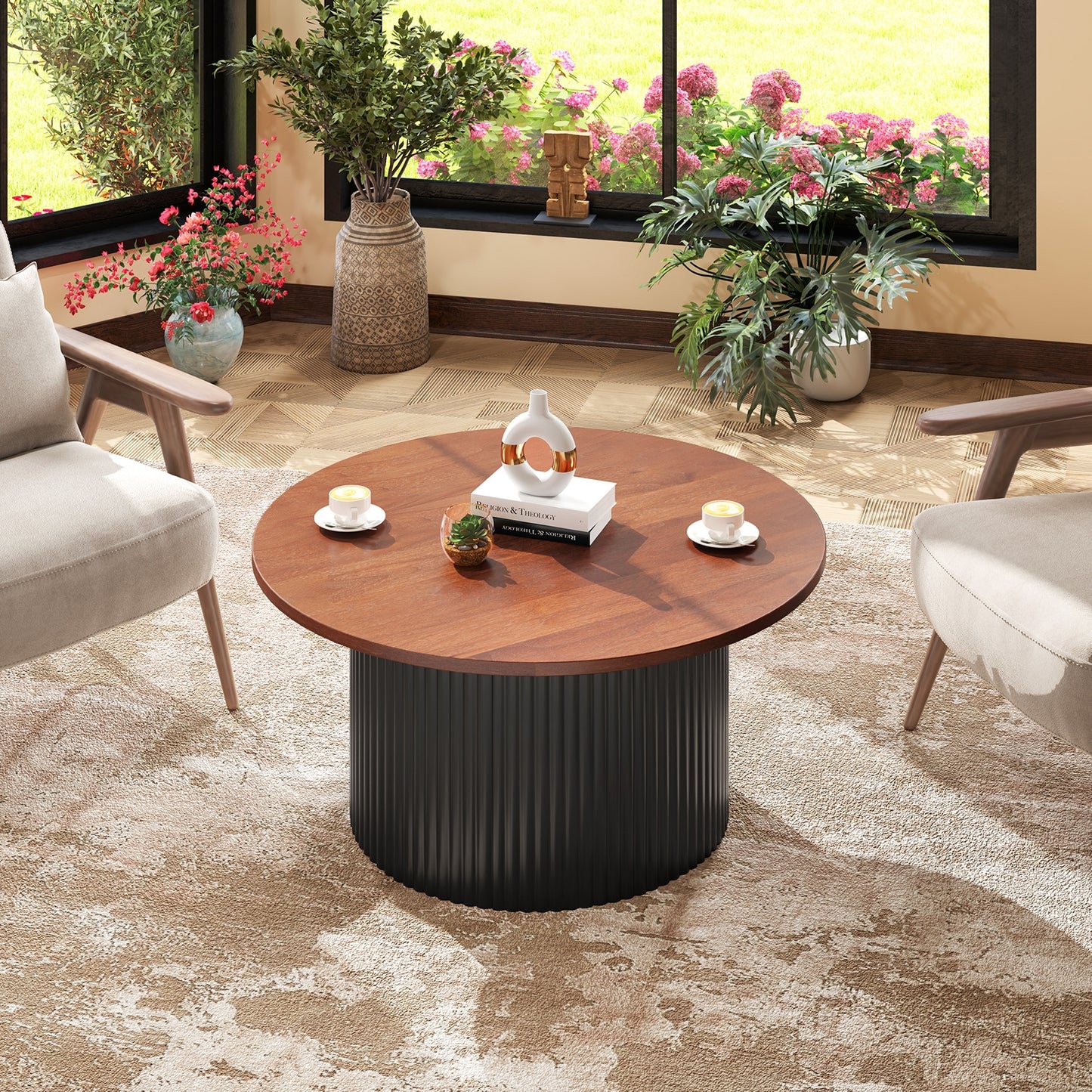 Round Solid Wood Coffee Table with Natural Wood Top and Sturdy Frame