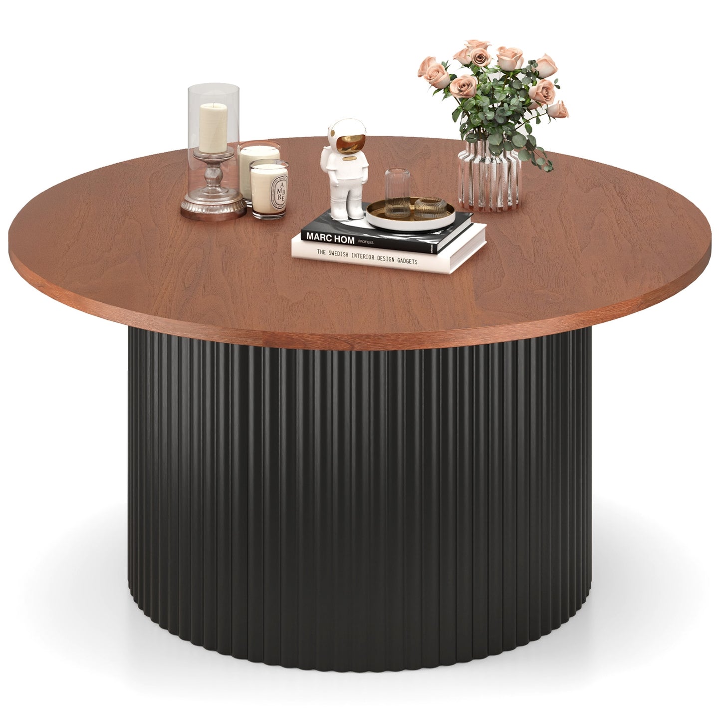 Round Solid Wood Coffee Table with Natural Wood Top and Sturdy Frame
