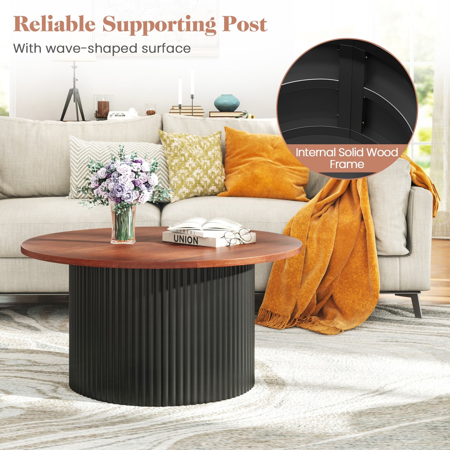 Round Solid Wood Coffee Table with Natural Wood Top and Sturdy Frame