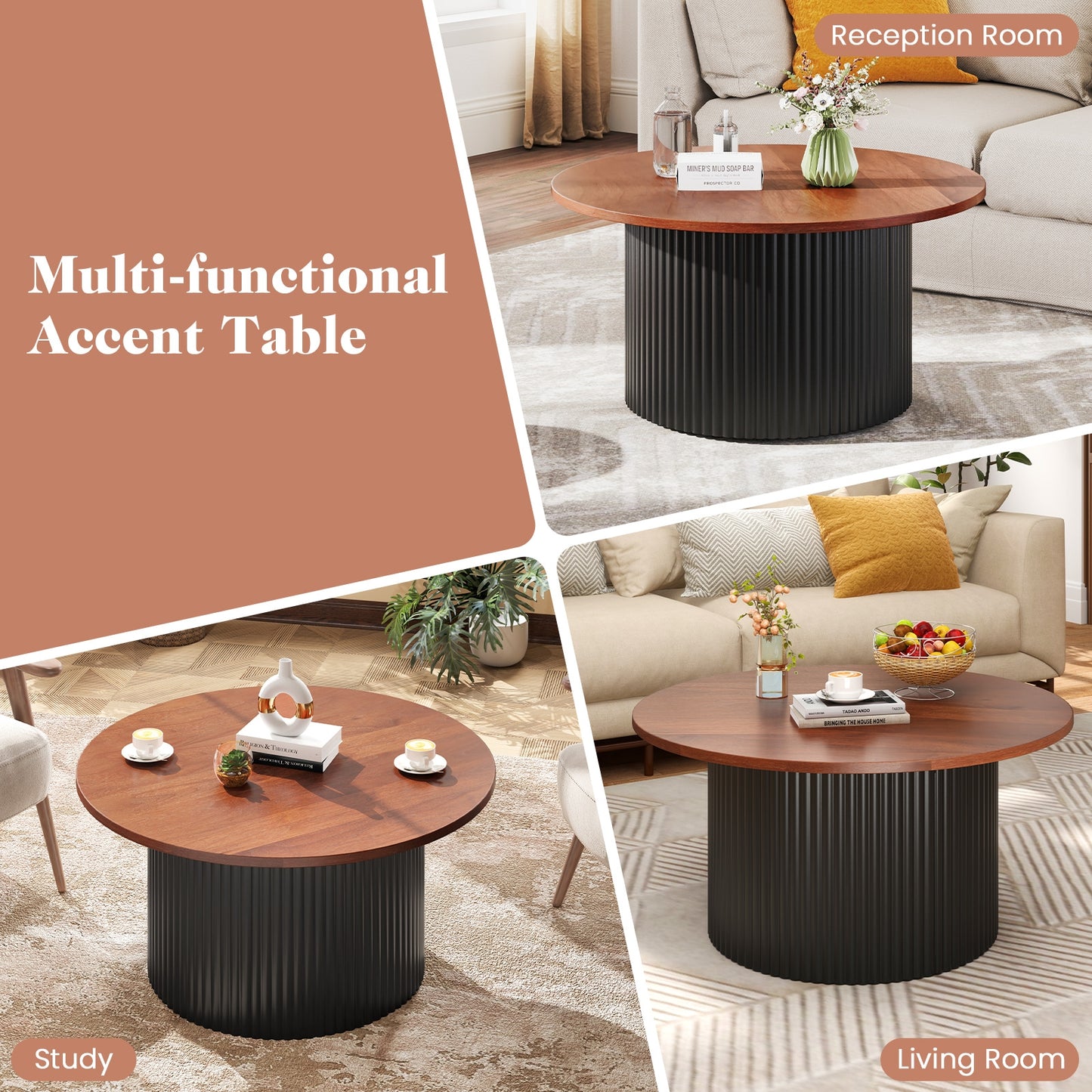 Round Solid Wood Coffee Table with Natural Wood Top and Sturdy Frame