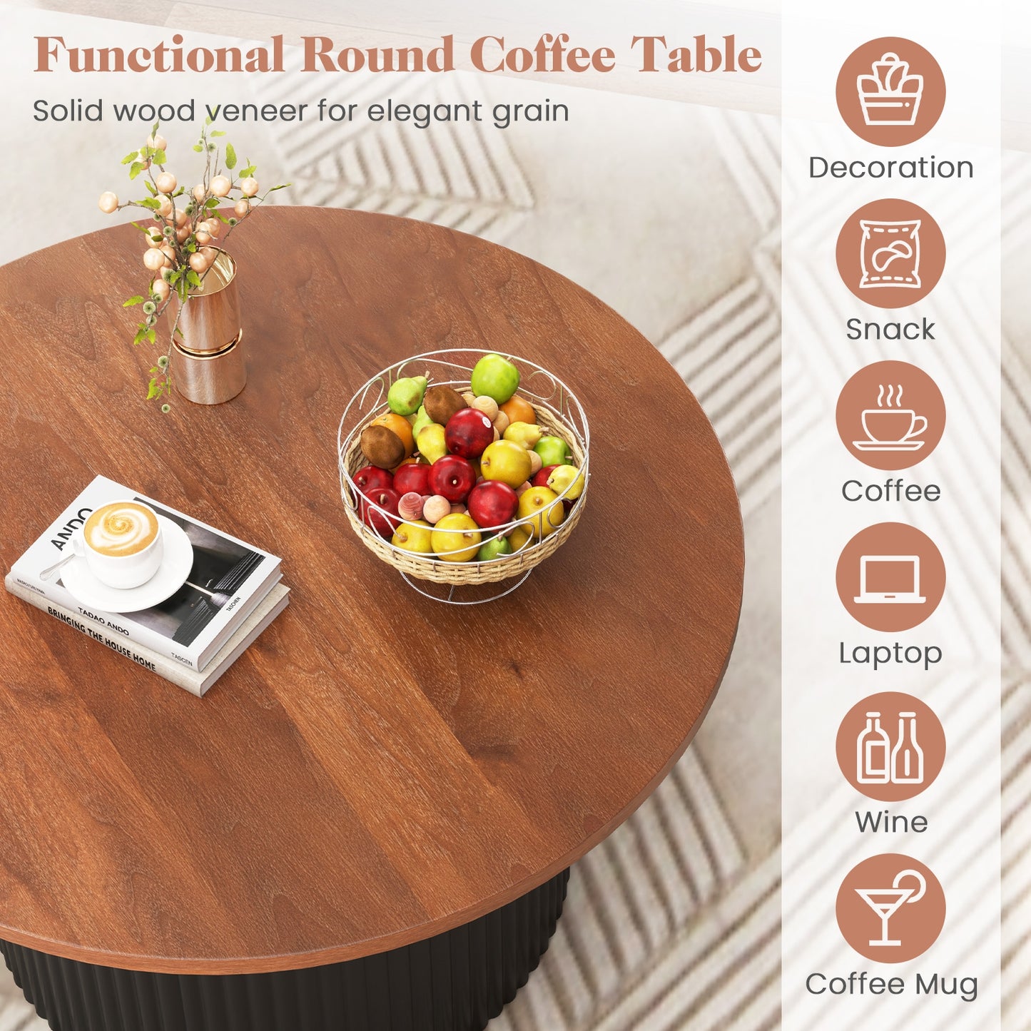 Round Solid Wood Coffee Table with Natural Wood Top and Sturdy Frame