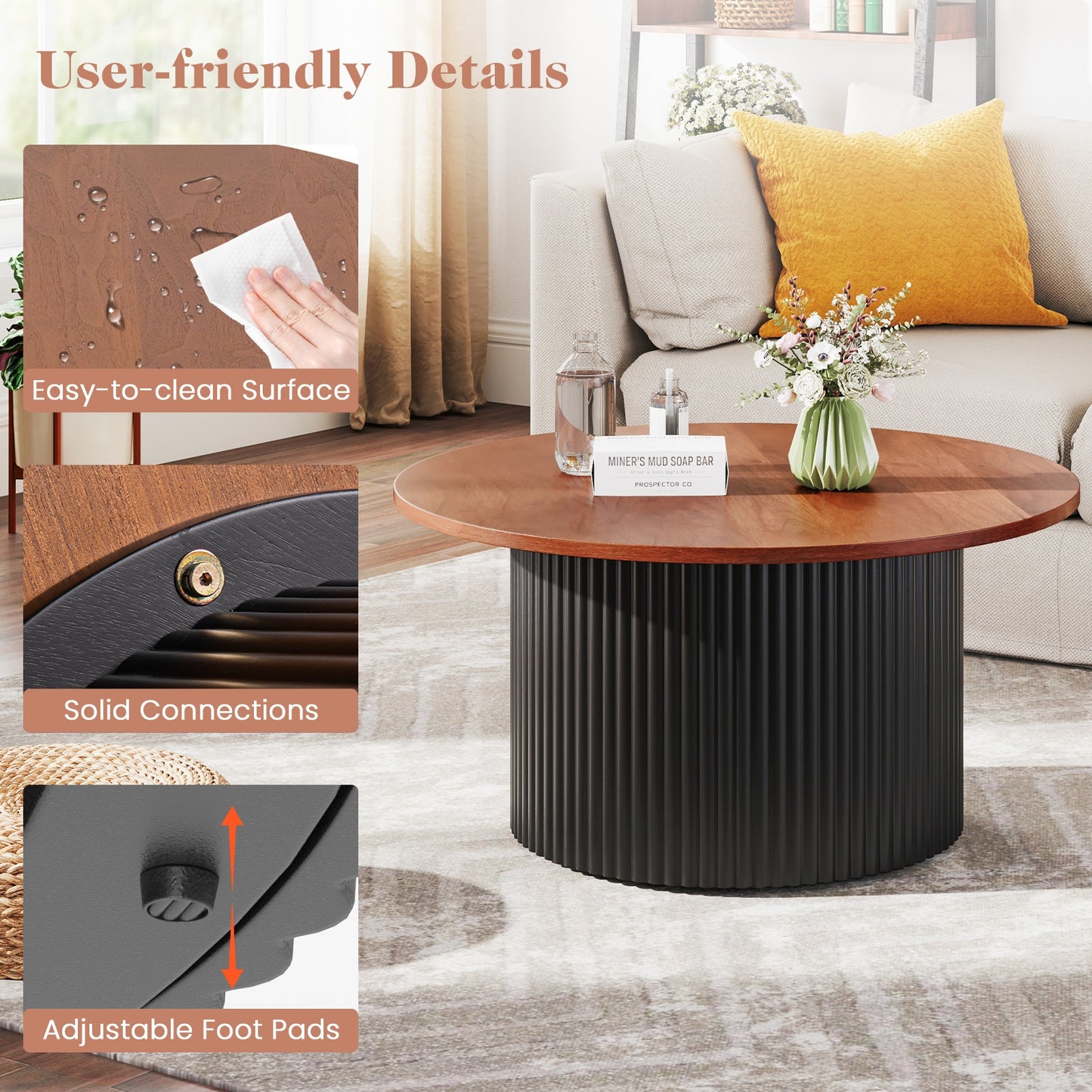 Round Solid Wood Coffee Table with Natural Wood Top and Sturdy Frame