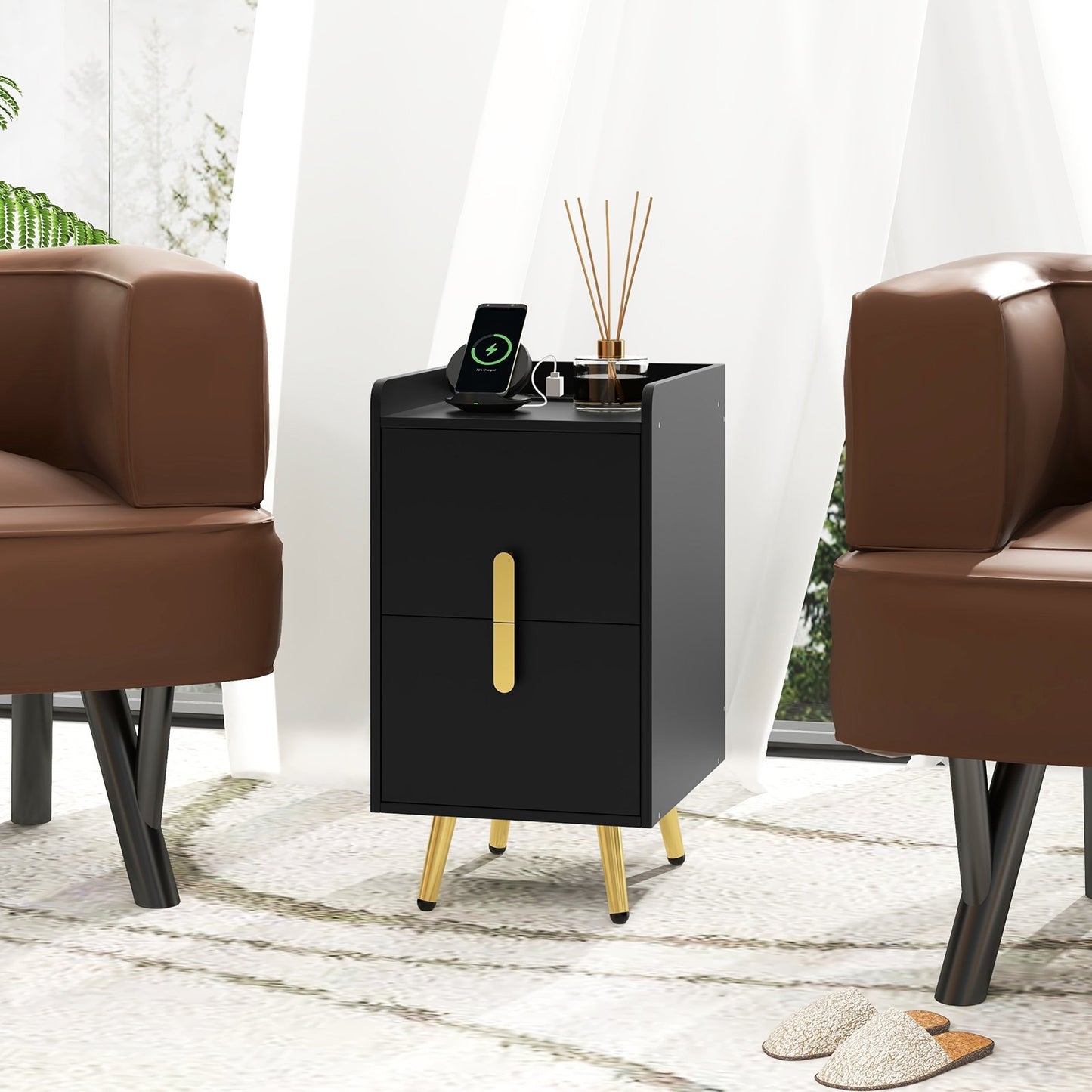 Modern Nightstand Side Table with 2 Drawers and 2 USB Ports – Black