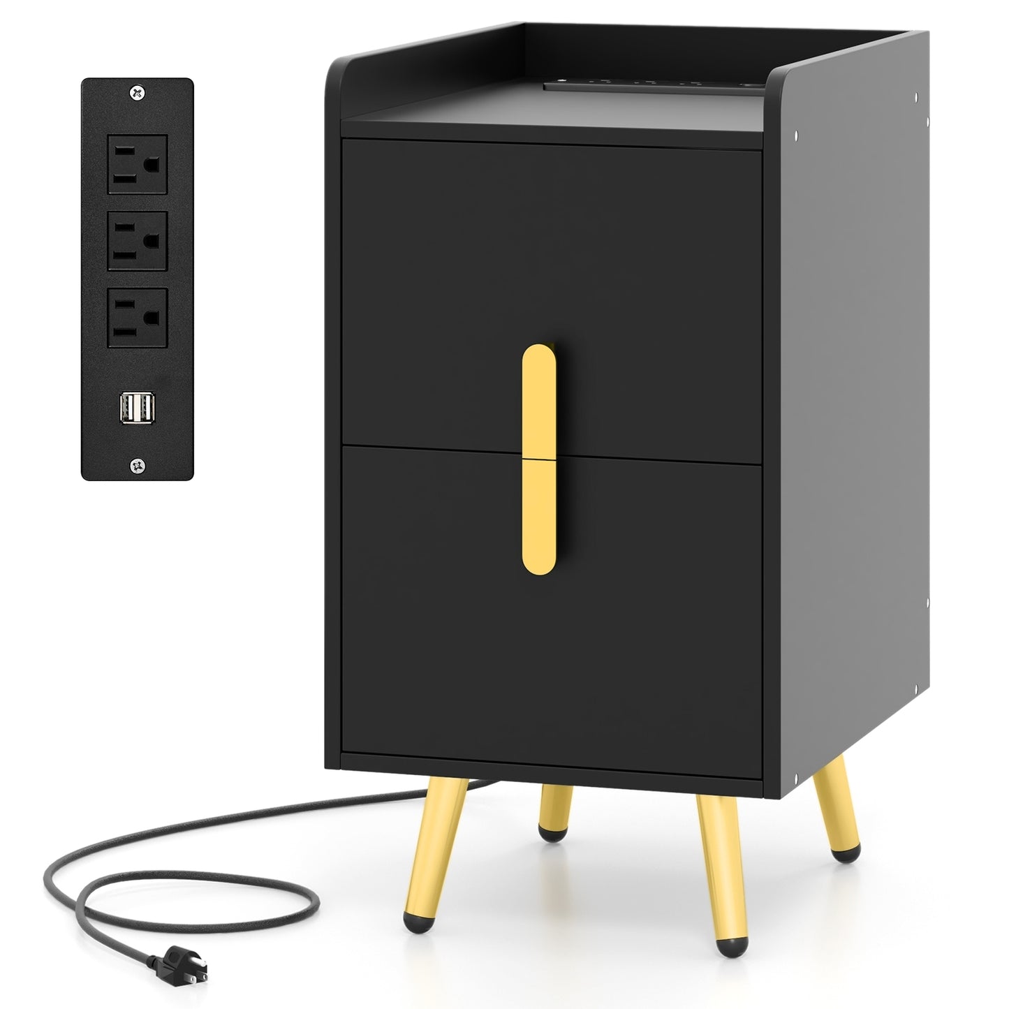 Modern Nightstand Side Table with 2 Drawers and 2 USB Ports – Black
