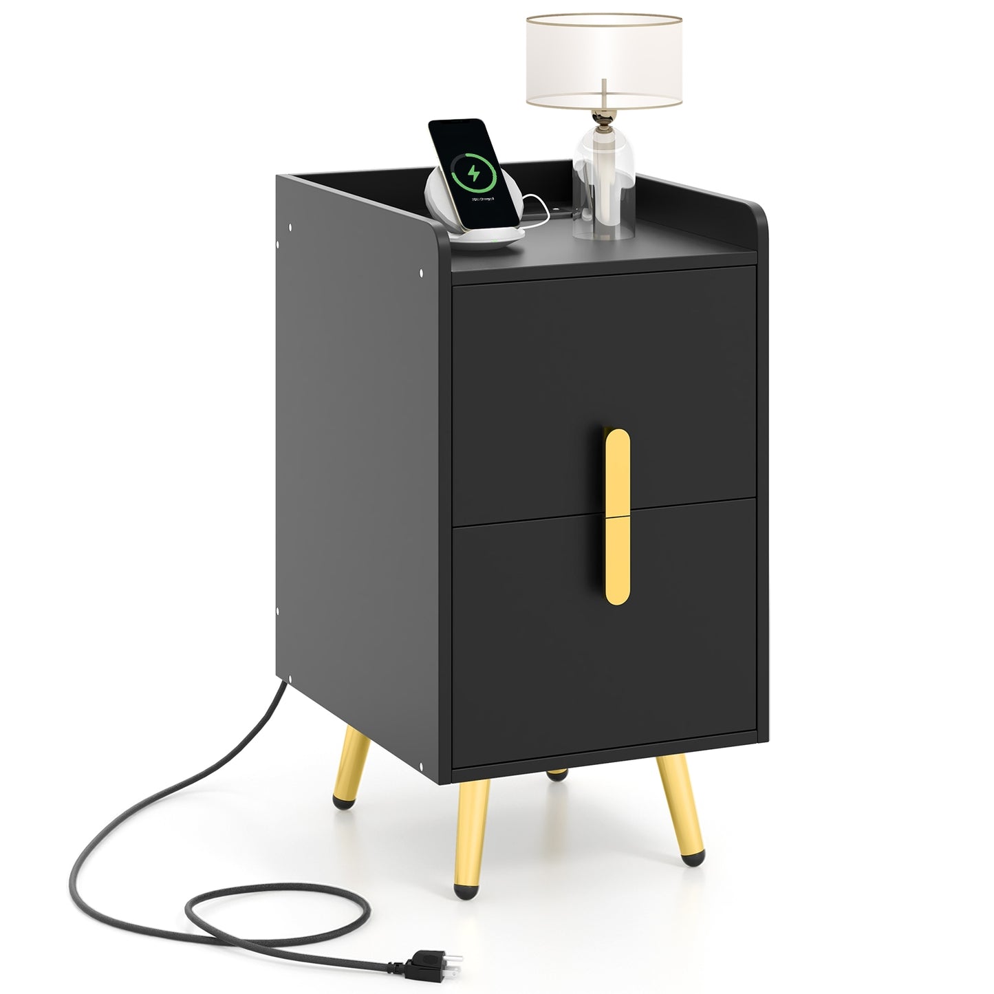 Modern Nightstand Side Table with 2 Drawers and 2 USB Ports – Black