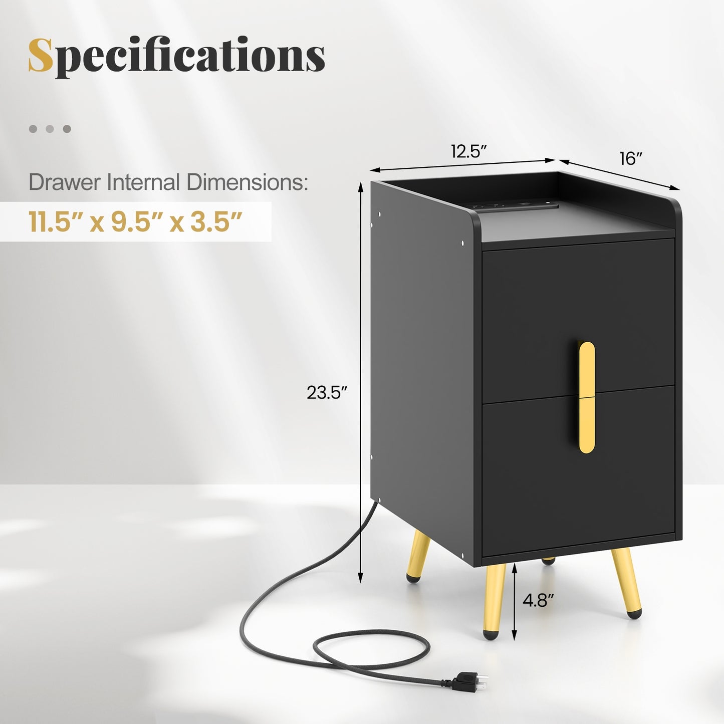 Modern Nightstand Side Table with 2 Drawers and 2 USB Ports – Black