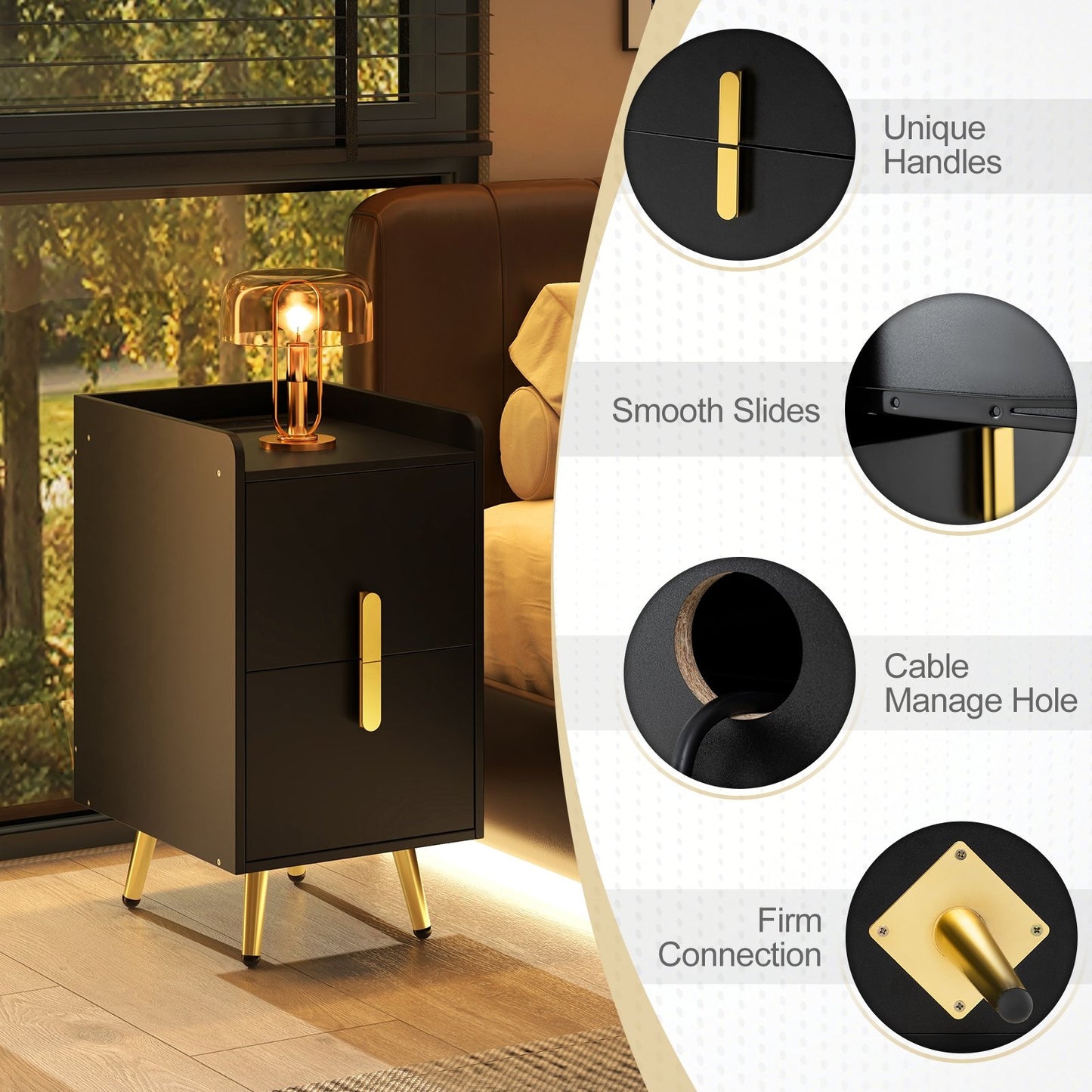 Modern Nightstand Side Table with 2 Drawers and 2 USB Ports – Black