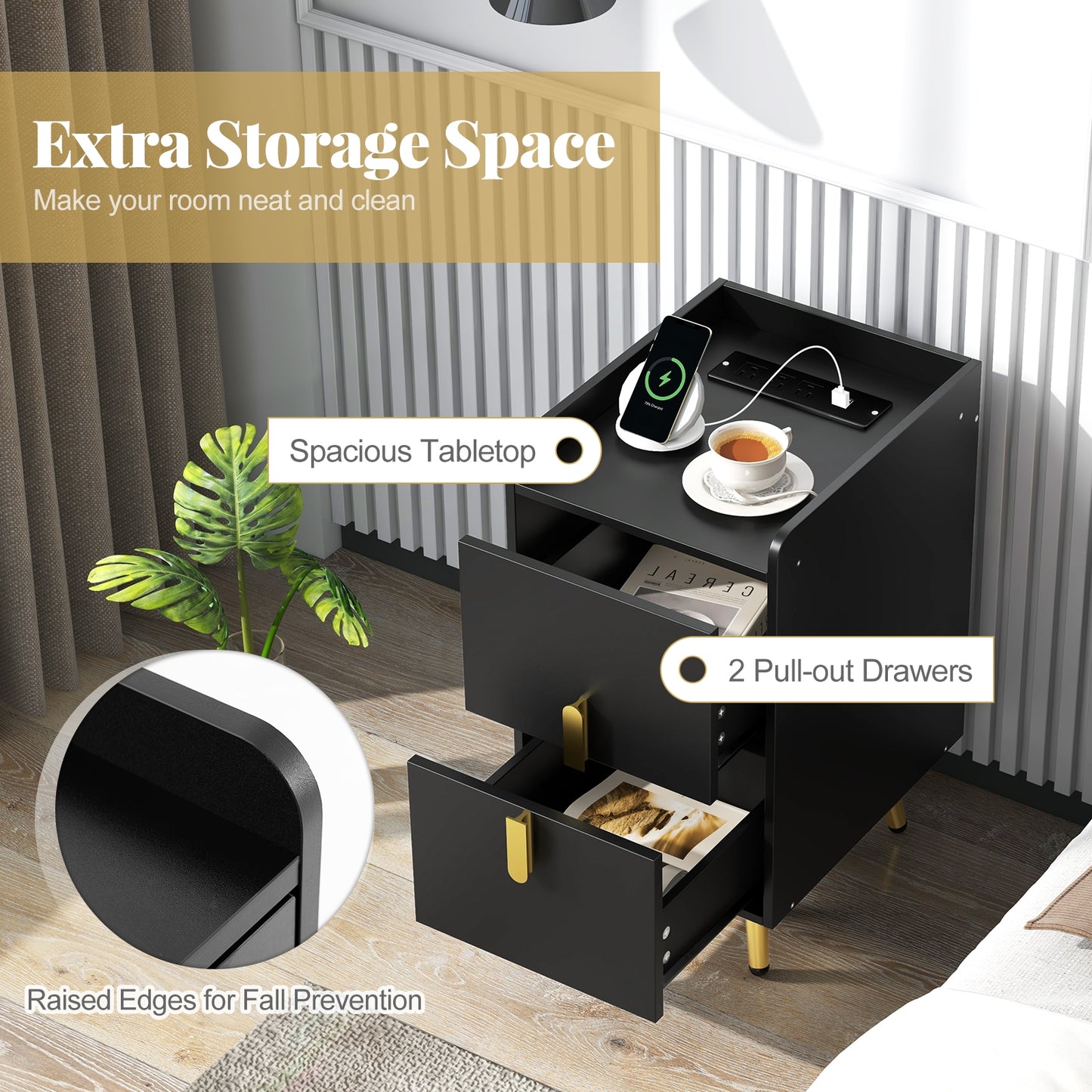 Modern Nightstand Side Table with 2 Drawers and 2 USB Ports – Black