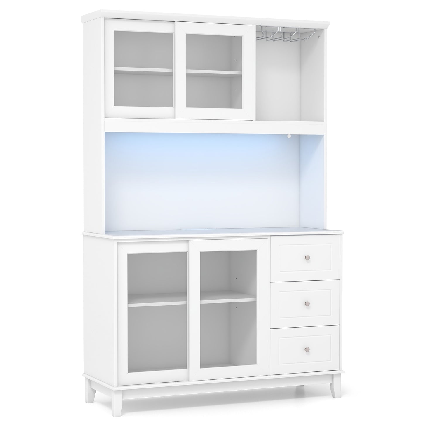 Kitchen Pantry Cabinet with LED Lights and Power Outlets, Freestanding Storage Hutch in White